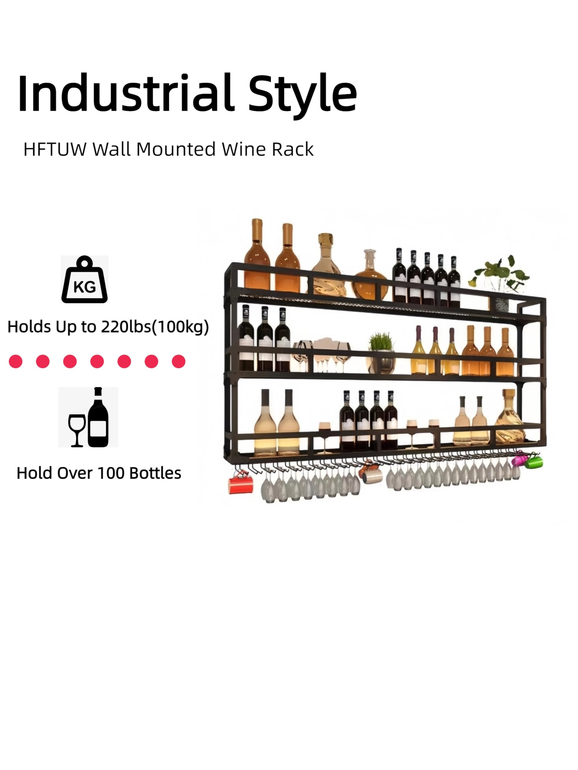 3-Tier Wall Mounted Wine Rack with LED Lights - Modern Bar Shelves for Wine, Liquor Bottles & Hanging Glasses - Space-Saving Kitchen, Dining Room & Home Bar Decor (Black, 47 Inch) - Perfect for Entertaining Guests & Displaying Your Wine Collection