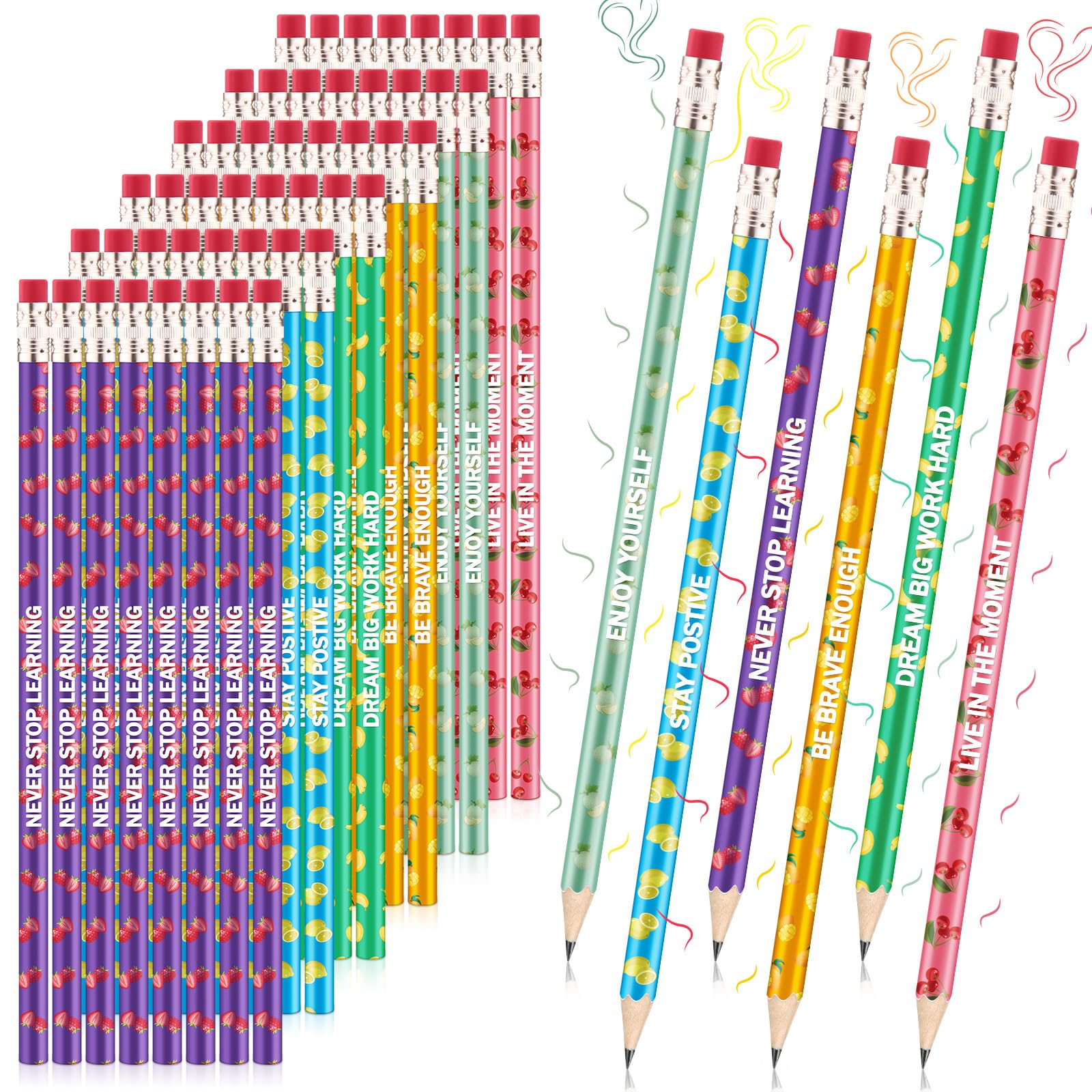 48-Pack Fruit Scented Motivational Pencils for Kids - Colorful Wooden Graphite Pencils with Erasers, Inspirational School Supplies for Students, Perfect Christmas Gift & Classroom Rewards (Cute Fruit Design) - Ideal for Homework, Coloring, Journaling & Back to School Essentials