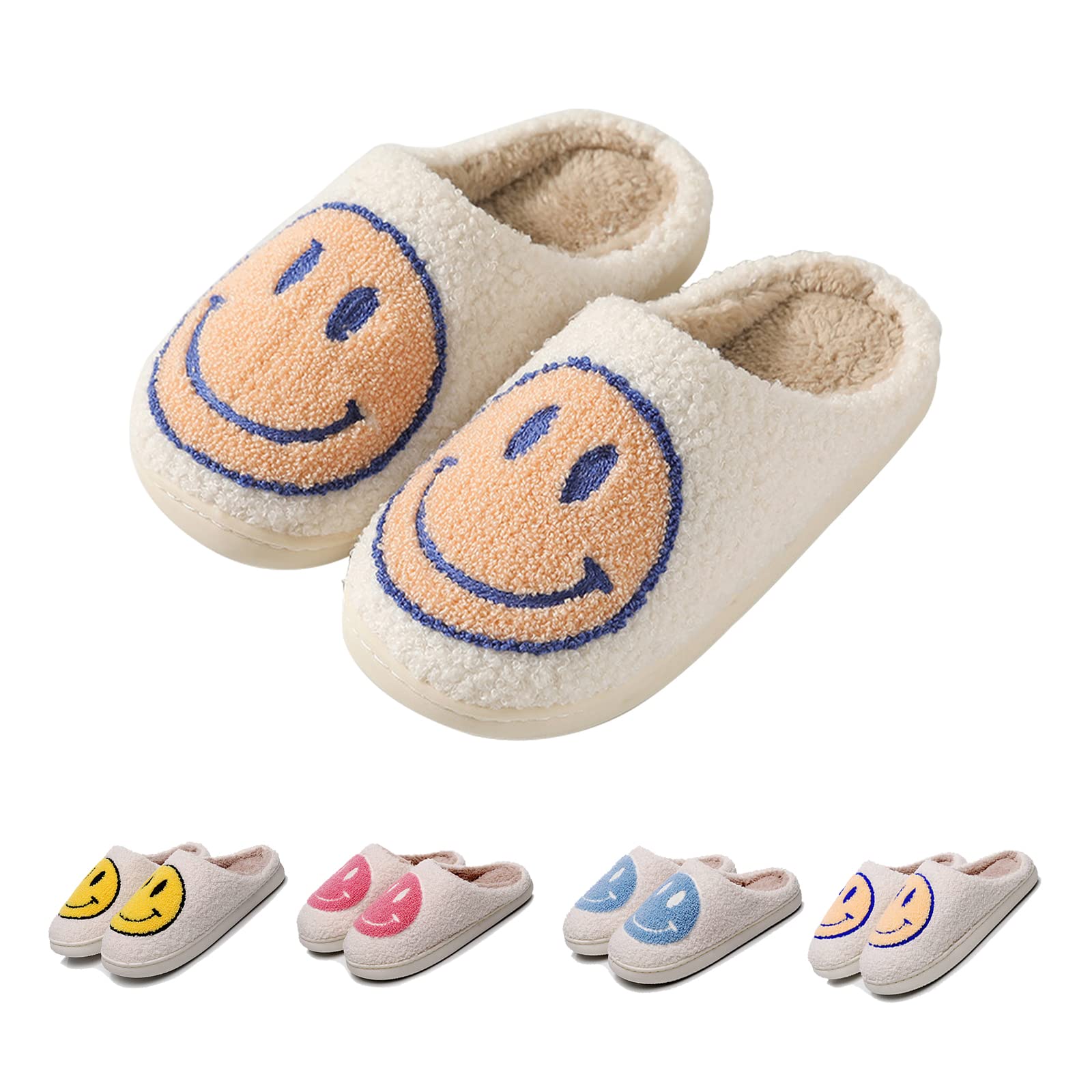 Smiley Face Slippers for Women - Soft Fluffy Indoor/Outdoor Slides with Cushion Comfort - Retro Happy Face House Slippers for Cozy Home, Lounge & Outdoor Wear