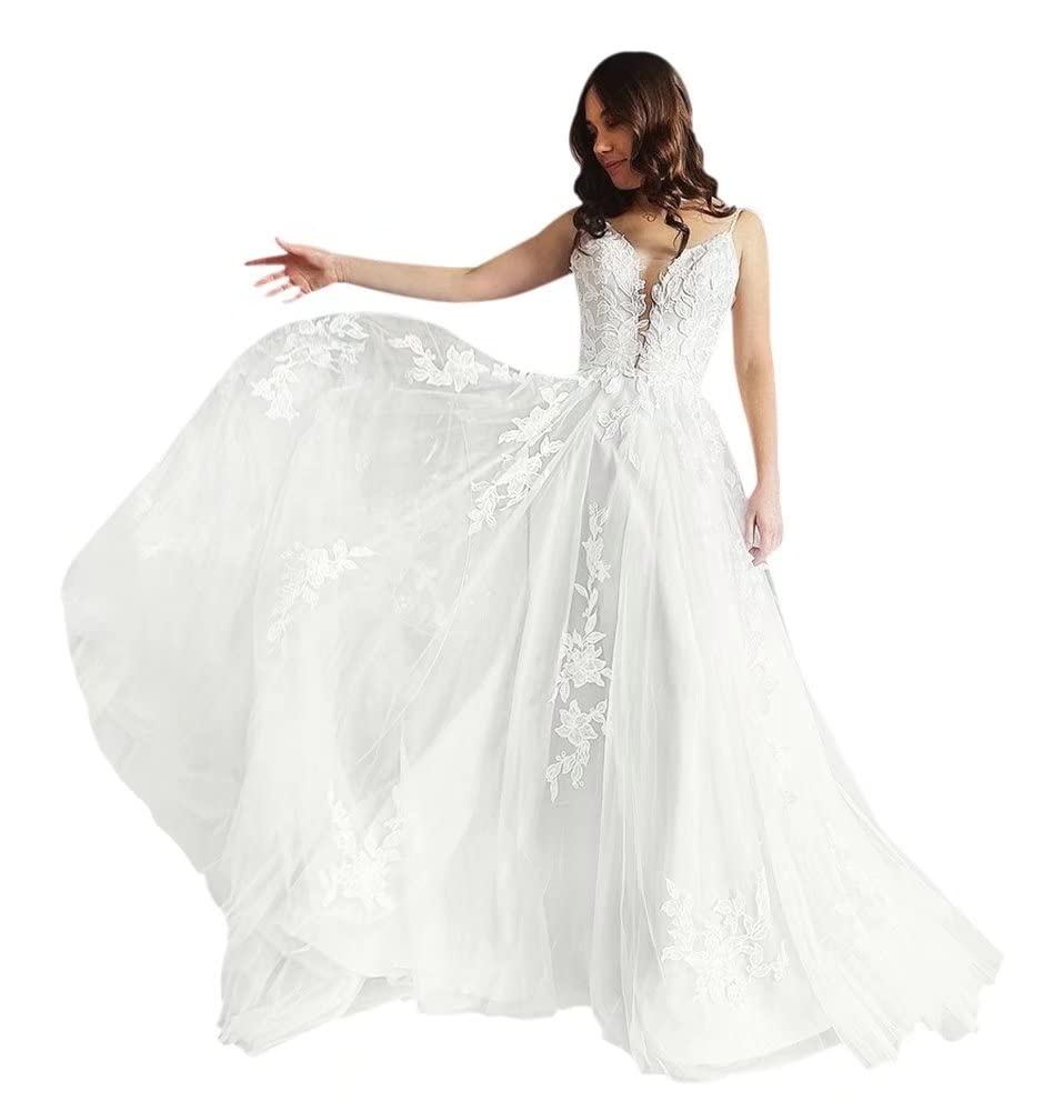 VinBridal Women's Elegant Spaghetti Straps Beach Boho Floor Length A-Line V-Neck Wedding Dress for Beach Weddings, Boho Bridal Showers & Destination Ceremonies