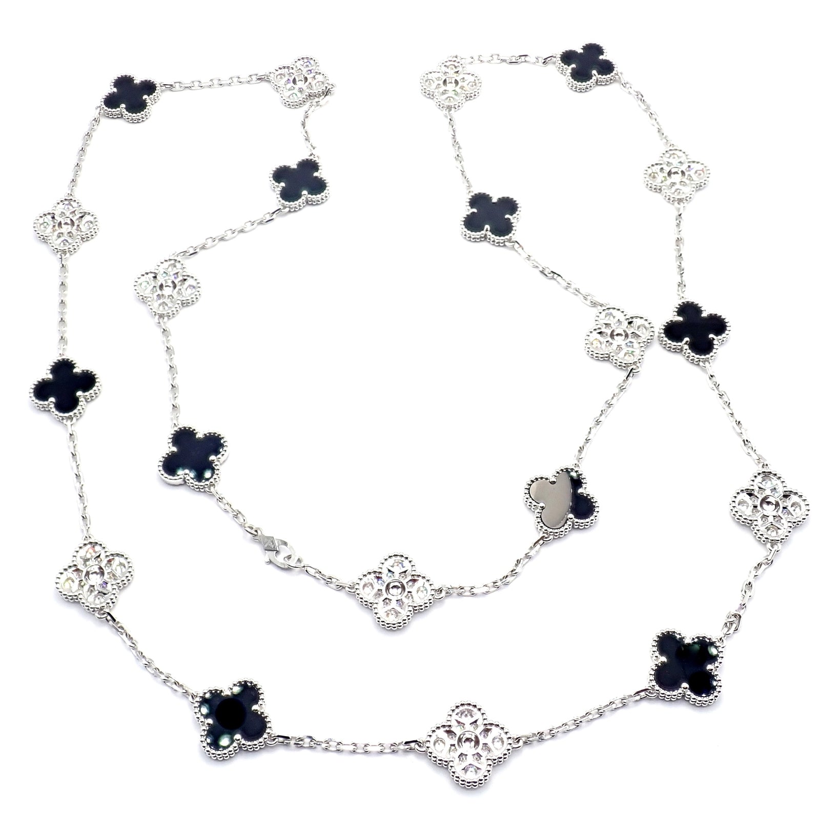 Van Cleef & Arpels 18k Gold 20 Motif Vintage Alhambra Diamond Onyx Necklace with Certificate - Luxury Jewelry for Women, Perfect for Weddings, Anniversaries & Special Occasions