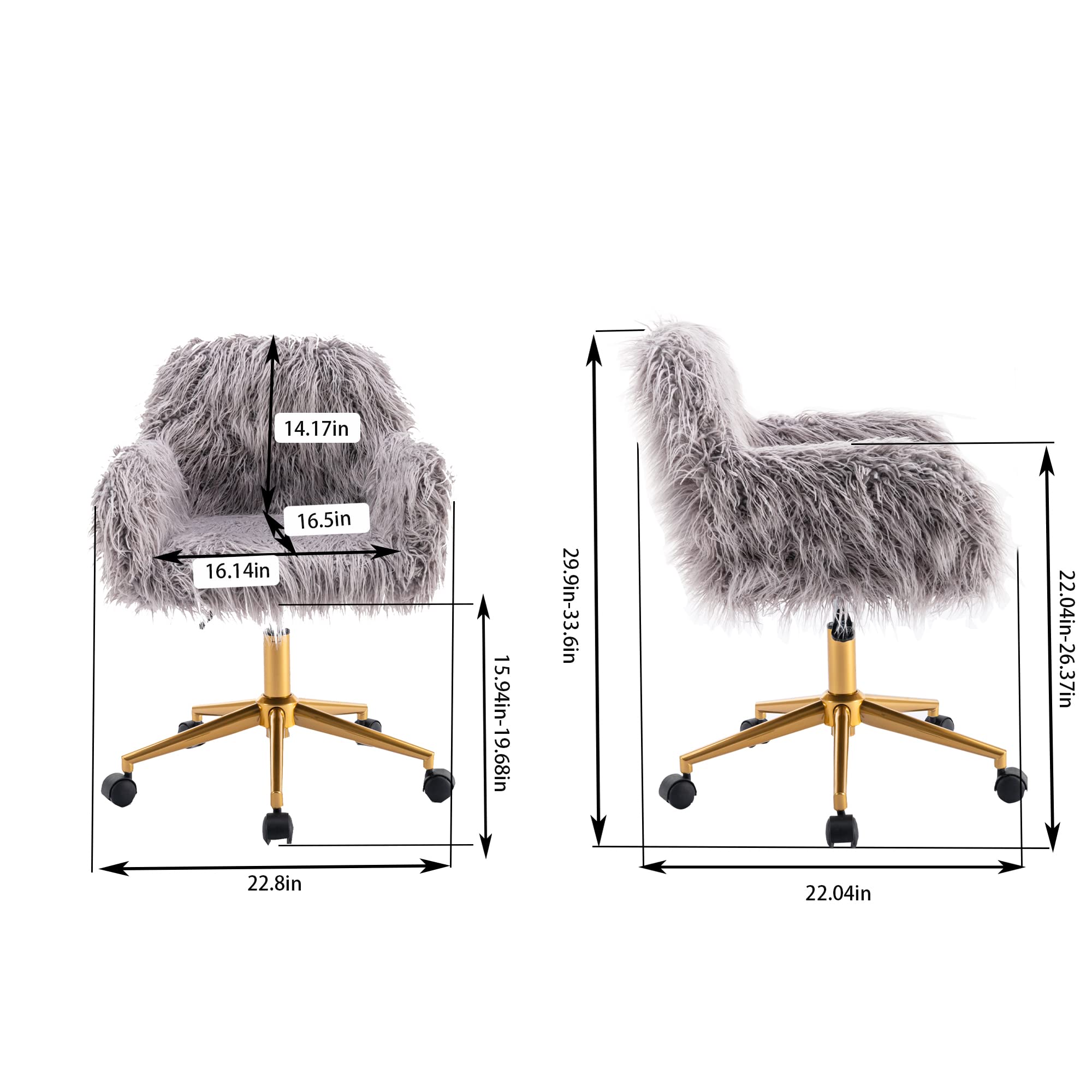 WILLIAMSPACE Fluffy Grey Fur Office Chair for Women - Rolling Swivel Vanity Chair with Arms for Workstations, Computer Desk & Home Office | US Stock Fast Shipping | Perfect for Work, Gaming & Makeup Dressing Table