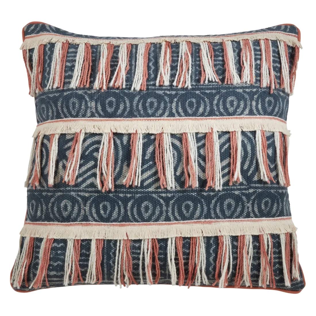 Bohemian Block Print Embroidered Fringe Throw Pillow Cover 28x28 Inch - Blue Cotton Decorative Pillow Case for Couch, Bed, Sofa | Home Decor, Living Room, Bedroom Accent | Perfect for Boho Chic & Special Occasion Gifts