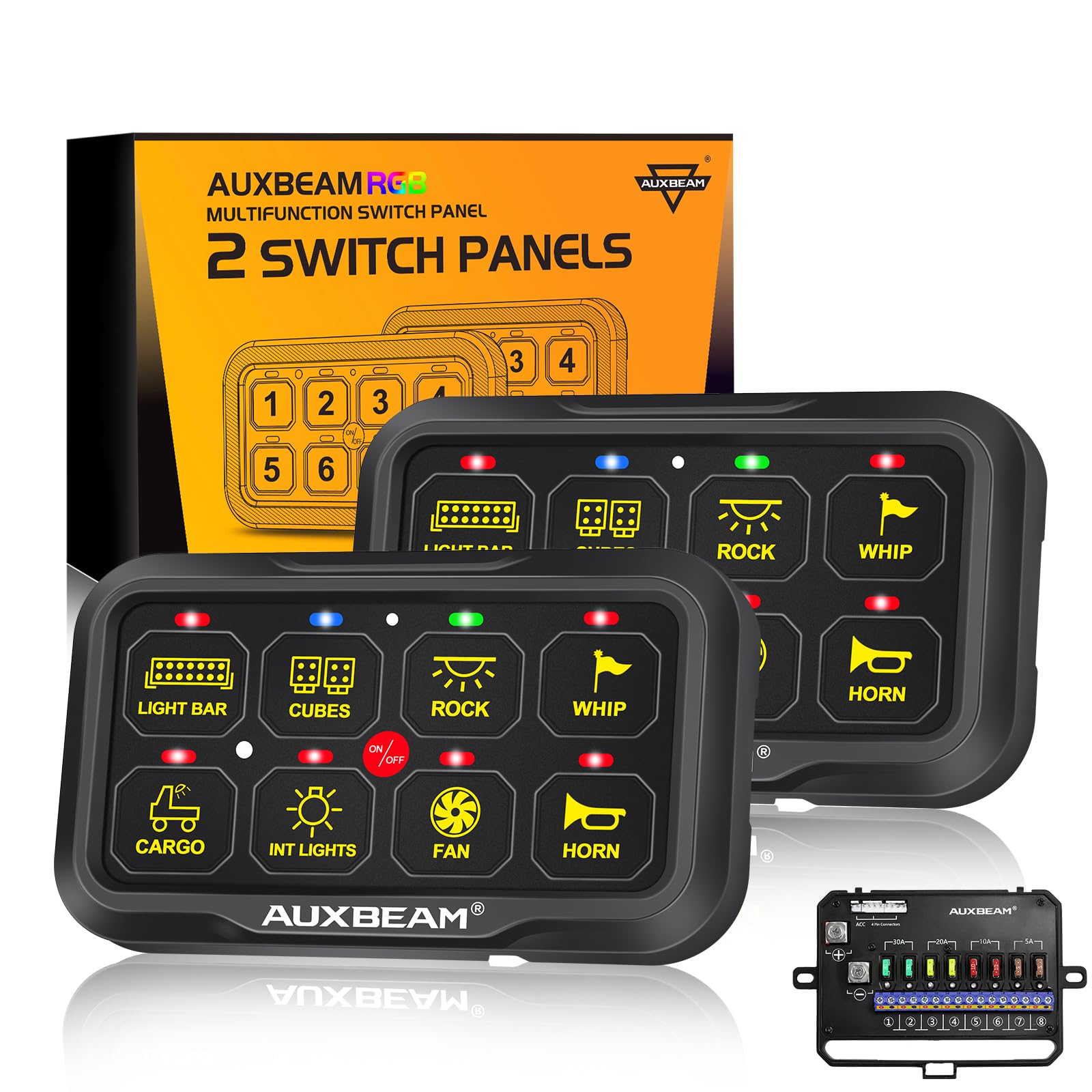 Auxbeam RGB 8 Gang Switch Panel RA80 X2 - Waterproof Dual Switch Panel with Momentary Pulsed Toggle for Offroad SUV, Hunting Truck, Camper Van, Food Truck & Boat | 2-Year Warranty | Perfect for Vehicle Lighting Control & Custom Wiring Projects