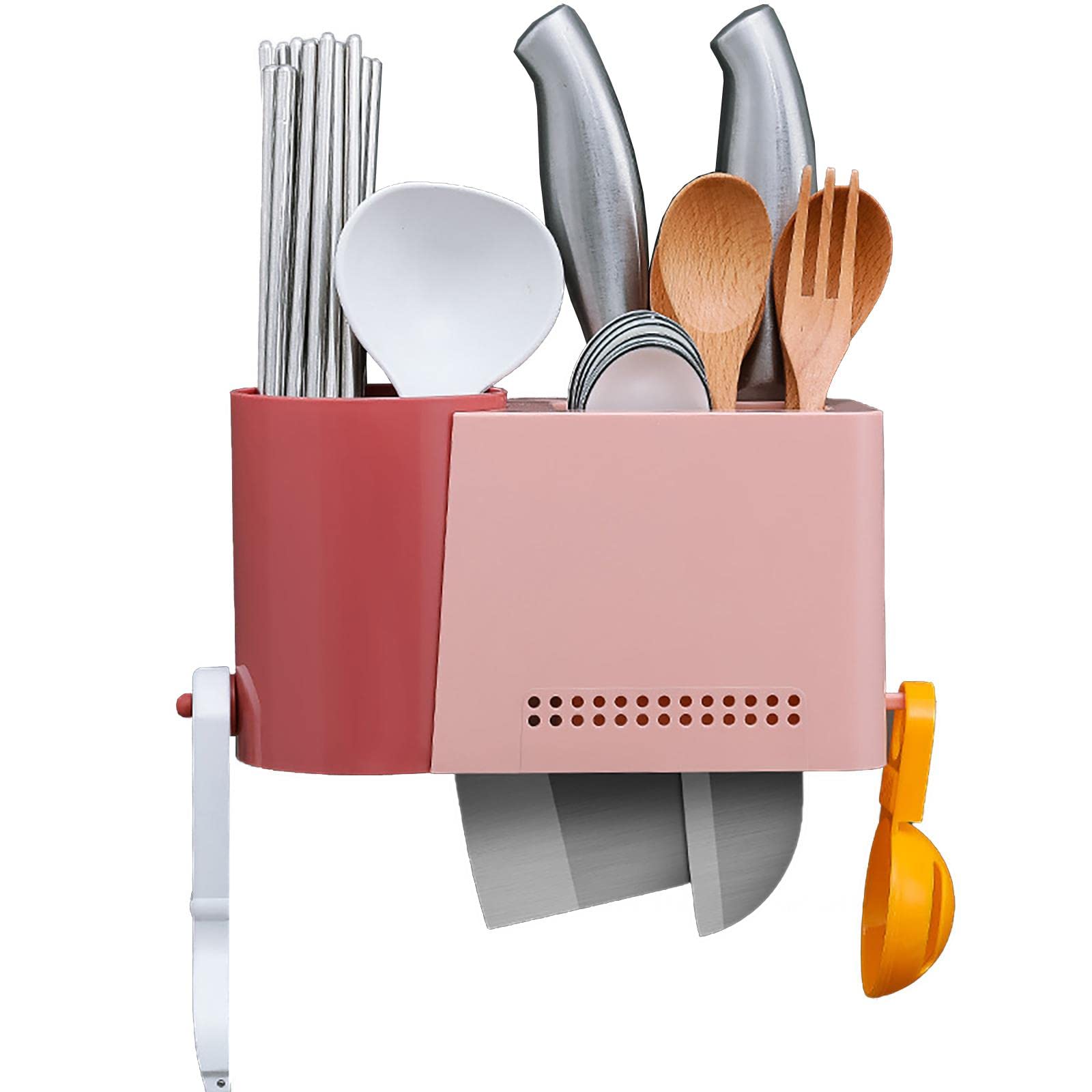 Pink Wall Mounted Chopsticks Basket Holder - Detachable Kitchen Utensil Rack with 2 Hooks & 3 Compartments for Forks, Spoons, Chopsticks - Space Saving Drying Storage Solution for Small Kitchens and Dining Areas