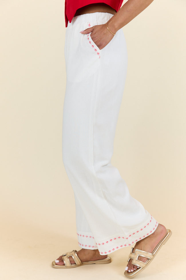 Just Feels Right Off-White Embroidered Pants for Women - High Waisted Comfort Stretch Fabric - Limited Time Final Sale | Perfect for Casual Outfits, Streetwear & Summer Fashion
