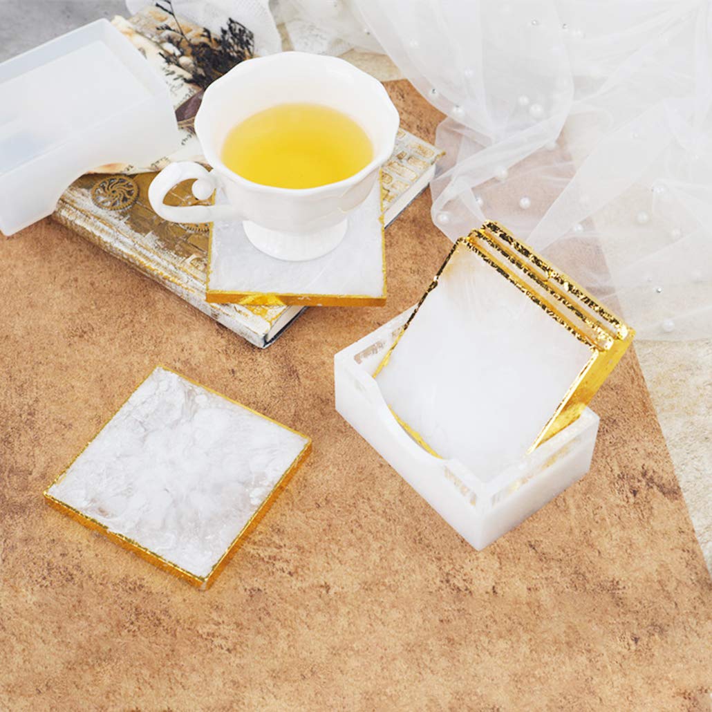 2Pcs Square Resin Coaster Molds with Holder & 4Pcs Fixed Plates - DIY Epoxy Cup Mat Silicone Molds for Crafting, Resin Art, Home Decor - Perfect for Coffee Tables, Dining Tables, and Gift Making