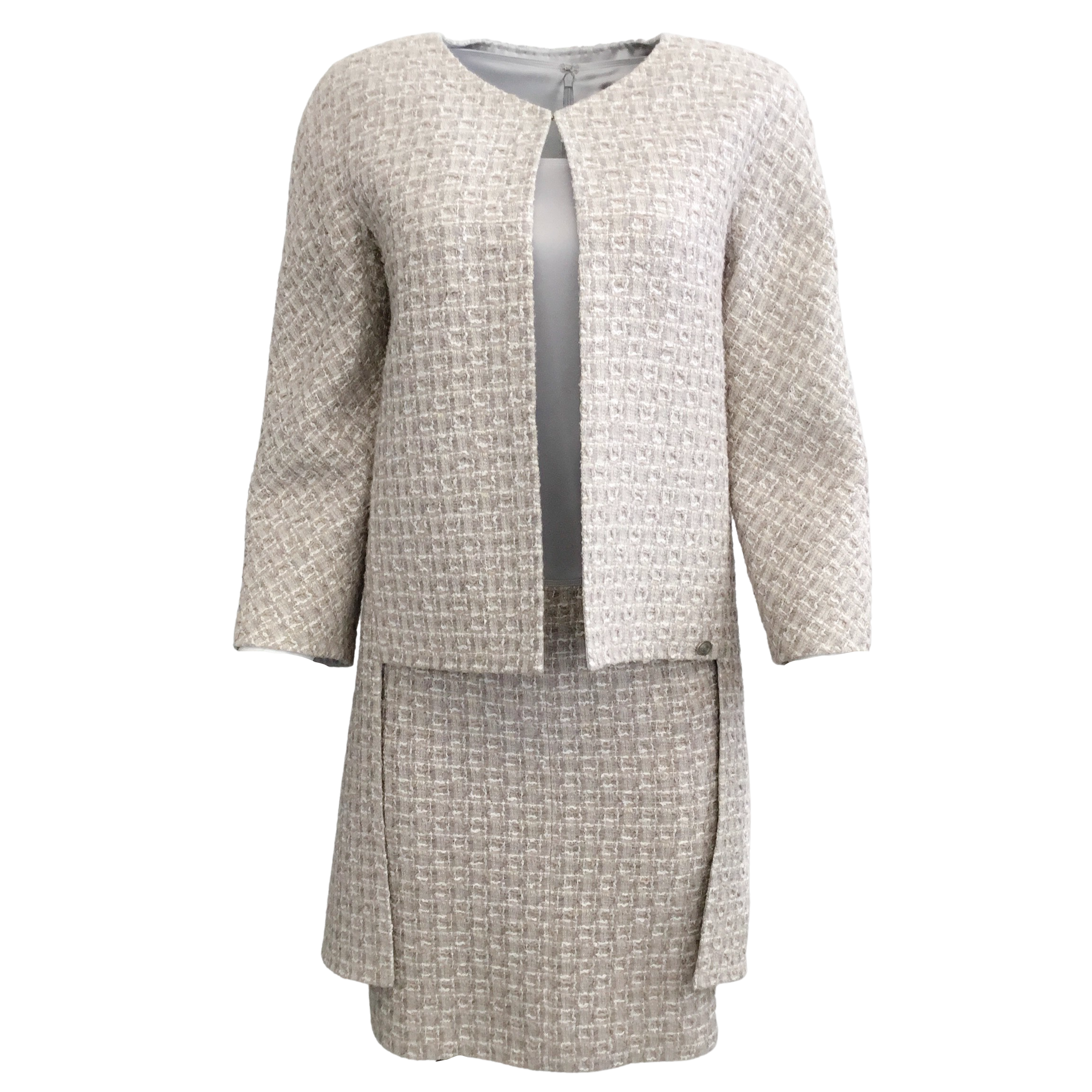 Chanel Grey Silk and Tweed Dress with Jacket - Elegant Women's Designer Outfit for Parties, Weddings & Special Occasions