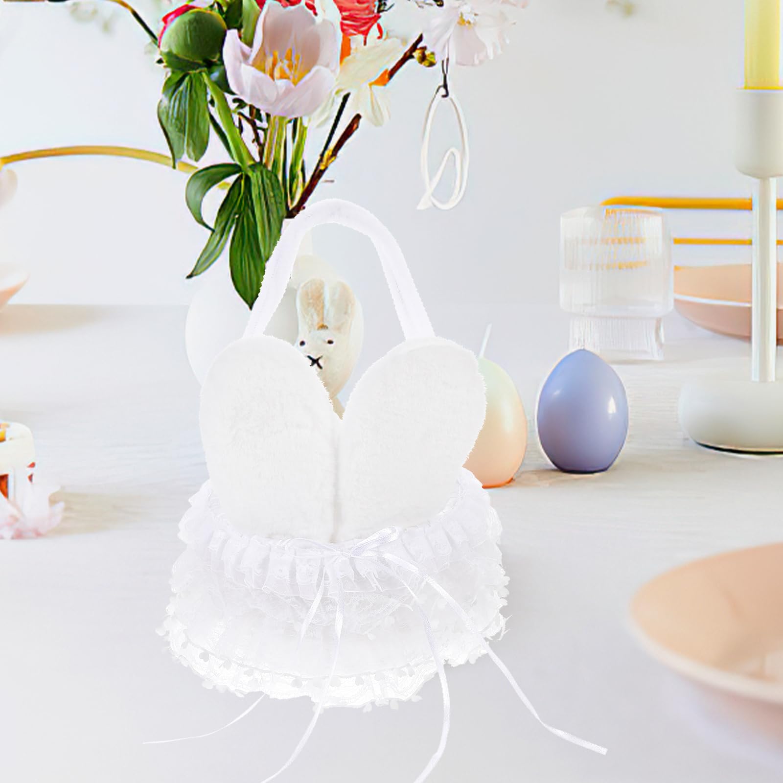 LOGOFUN Easter Bunny Ears Storage Basket with Handle - White Rabbit Ears Flower Basket for Kids, Easter Party Decorations & Spring Home Decor | Perfect for Easter Egg Hunts, Gift Baskets & Holiday Decor
