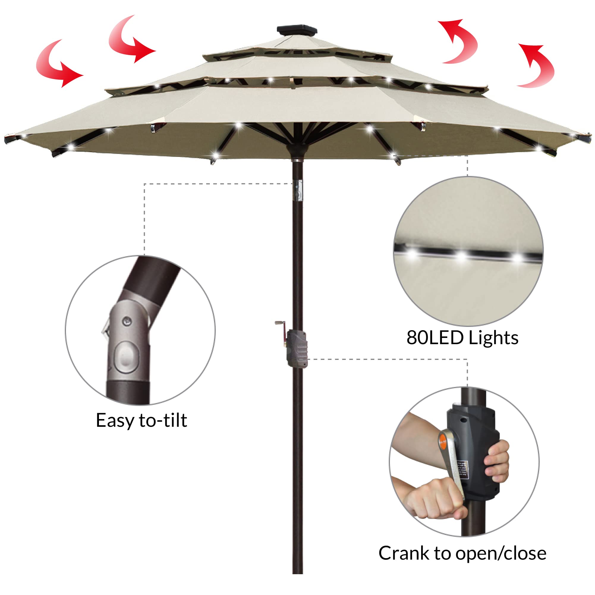 EliteShade USA 10-Year Fade-Resistant Solar-Powered 9ft 3-Tier Patio Umbrella with 80 LED Lights - Ventilated Outdoor Market Umbrella in Antique Beige - Perfect for Backyard, Poolside, and Restaurant Outdoor Dining