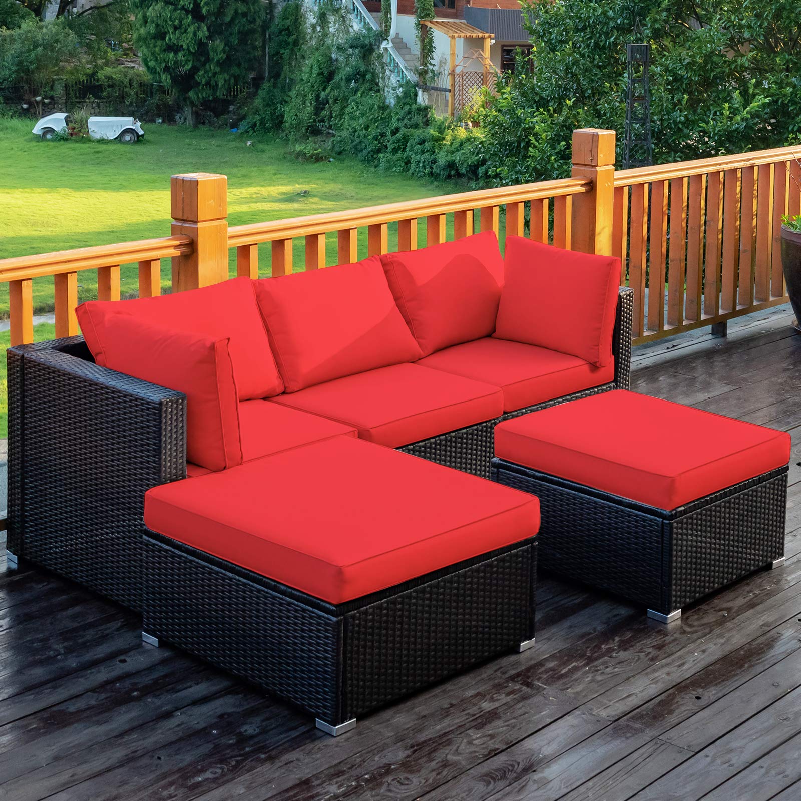 COSTWAY 5-Piece Outdoor Patio Furniture Set - PE Rattan Sectional Sofa with Cushions & 2 Ottomans, Waterproof Garden Conversation Set for Backyard, Deck, Balcony (Red) | Perfect for Outdoor Relaxation & Entertaining Guests