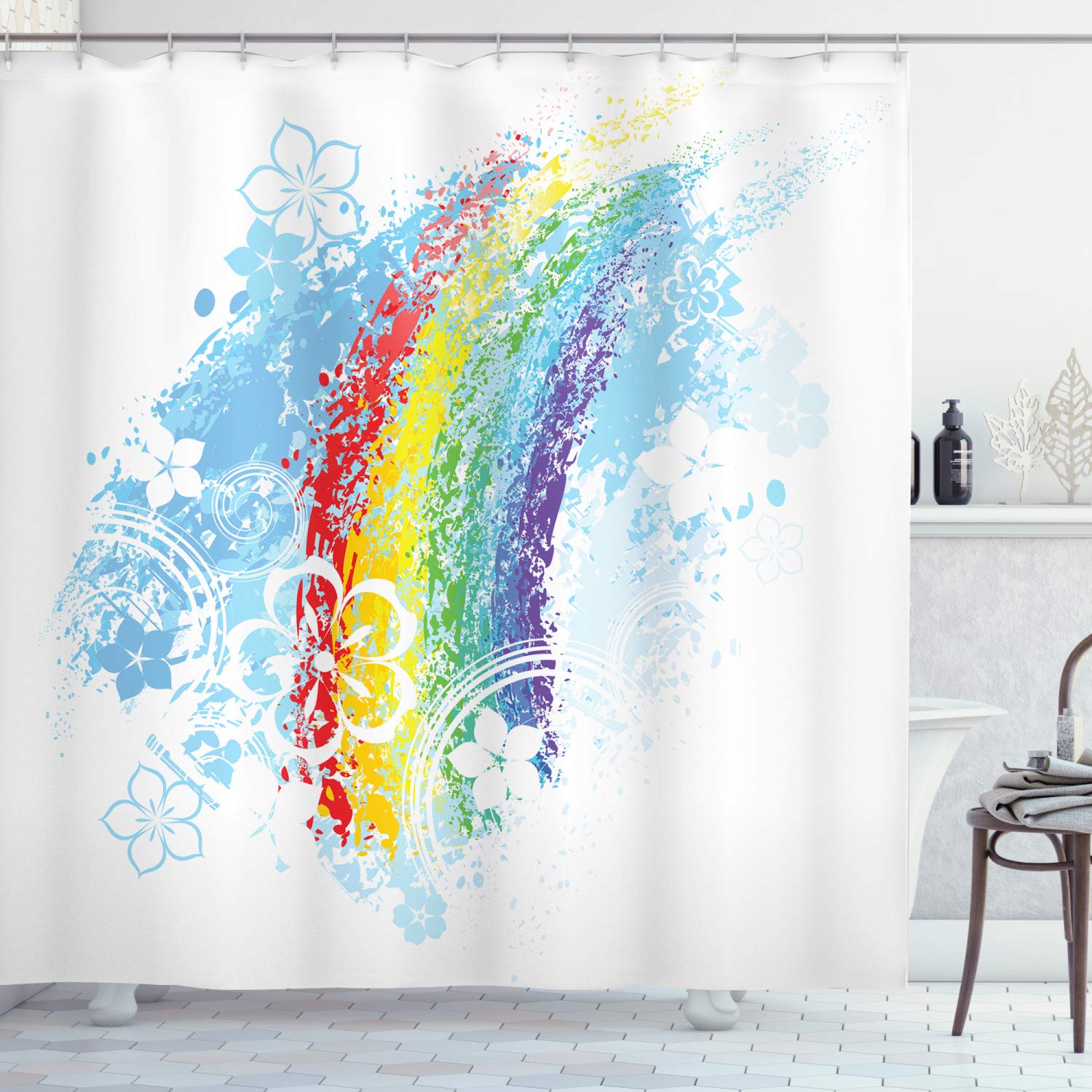 Ambesonne Rainbow Shower Curtain - Colorful Lines & Flowers Print Fabric Bathroom Decor with Hooks, 69