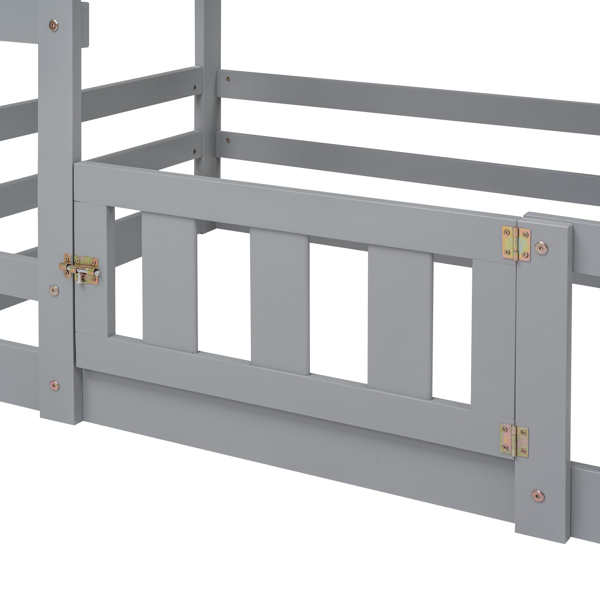 SOFTSEA Twin Over Twin Kids Bunk Bed - Low Floor House Design with Safety Fence, Door & Guardrails - Sturdy Wood Frame with Ladder - No Box Spring Needed - Gray - Perfect for Kids' Bedrooms, Guest Rooms & Small Spaces