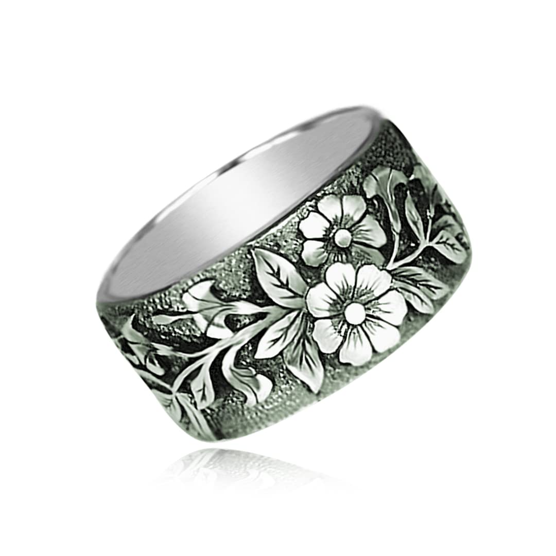 Vintage S925 Sterling Silver Band Rings for Women & Men - Engraved Forest, Mountain, Flower, Leaf, Zebra, Tiger & Cat Designs - Realistic 3D Relief - Perfect for Gifts, Weddings, Anniversaries & Everyday Fashion Jewelry
