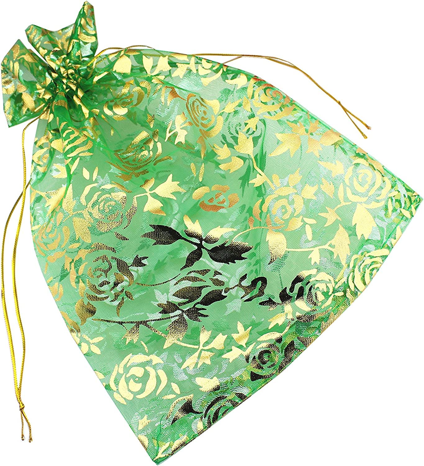 100 Pcs 4x6 Inches Organza Drawstring Potli Bags - Small Gift Pouches for Wedding Favors, Party Giveaways, Baby Shower, Dry Fruits & Jewelry (Green Floral Design) - Perfect for Indian Weddings, Bridal Showers & Festive Celebrations