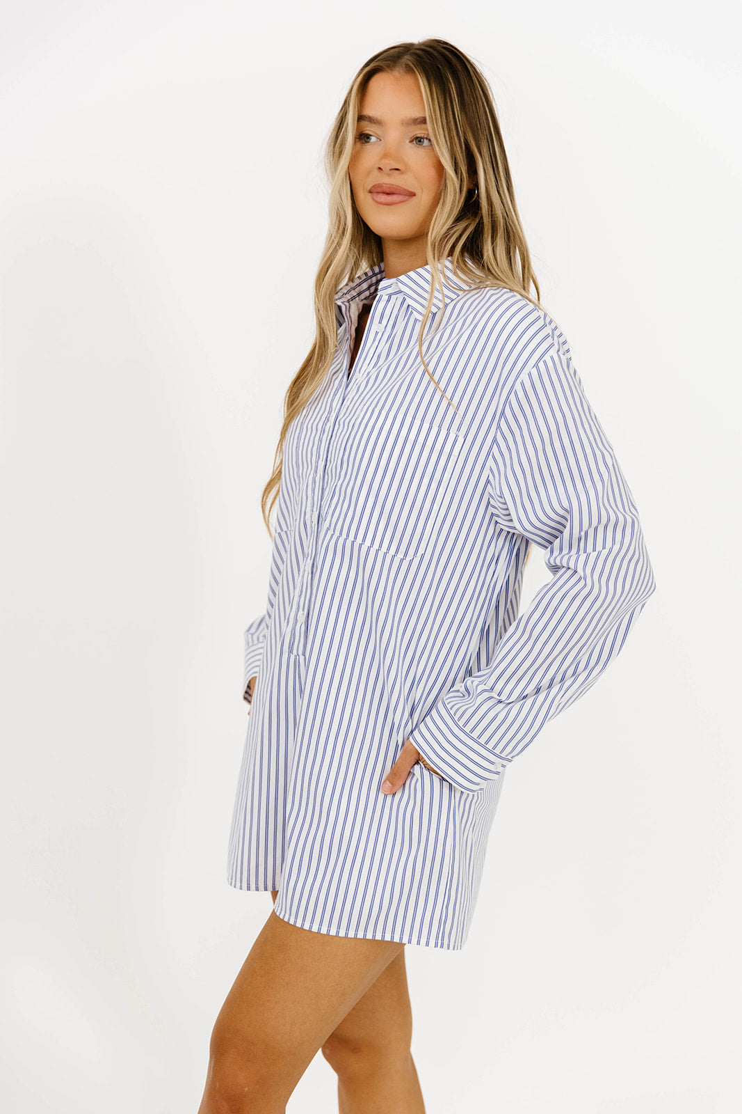 Etta Oversized Striped Shirt Romper for Women - Blue Casual Jumpsuit with Pockets | Perfect for Beach, Vacation & Summer Outfits