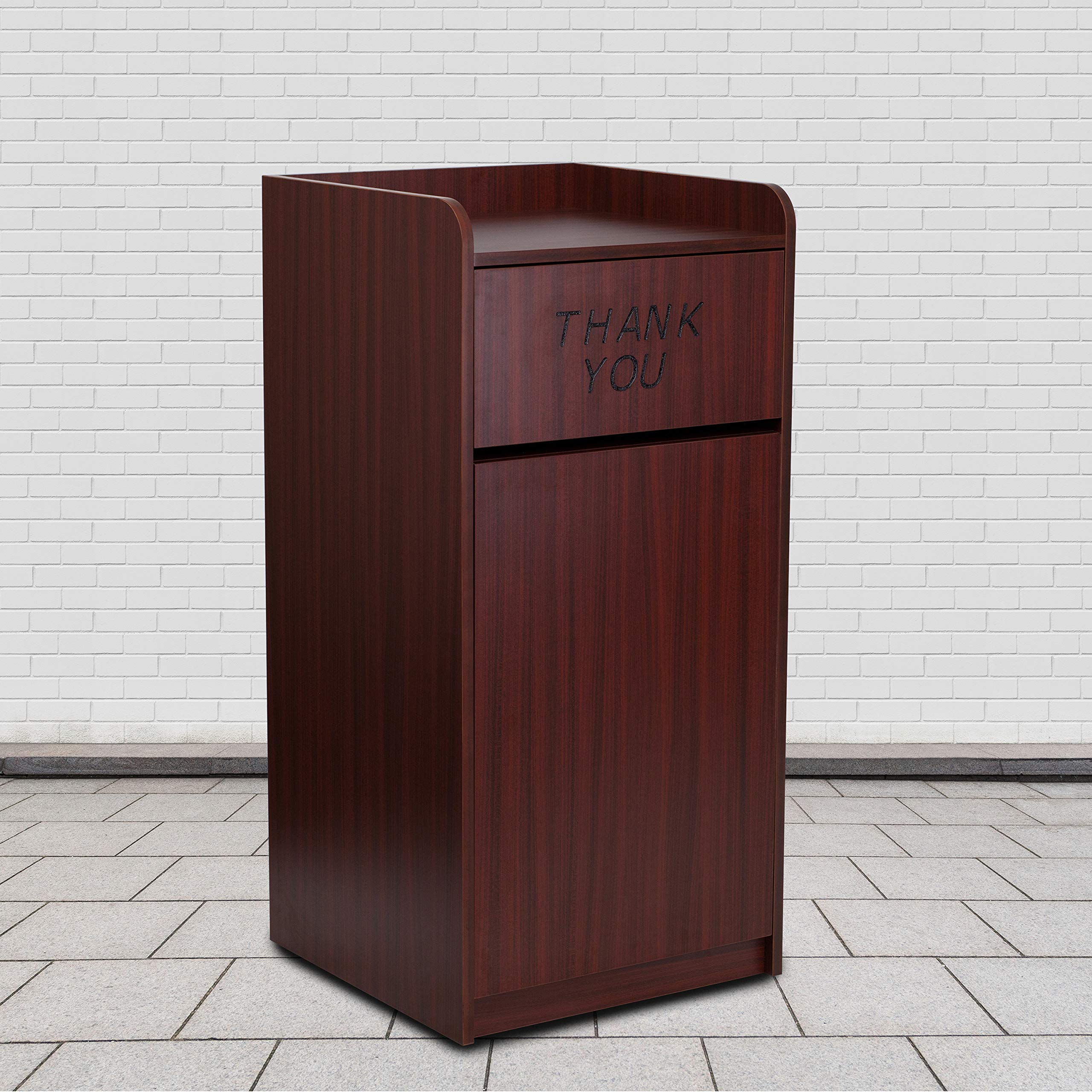 Flash Furniture Sony Laminate Wood Commercial-Grade Trash Can with Tray Top - Mahogany Restaurant Garbage Bin for Kitchen, Office & Public Spaces
