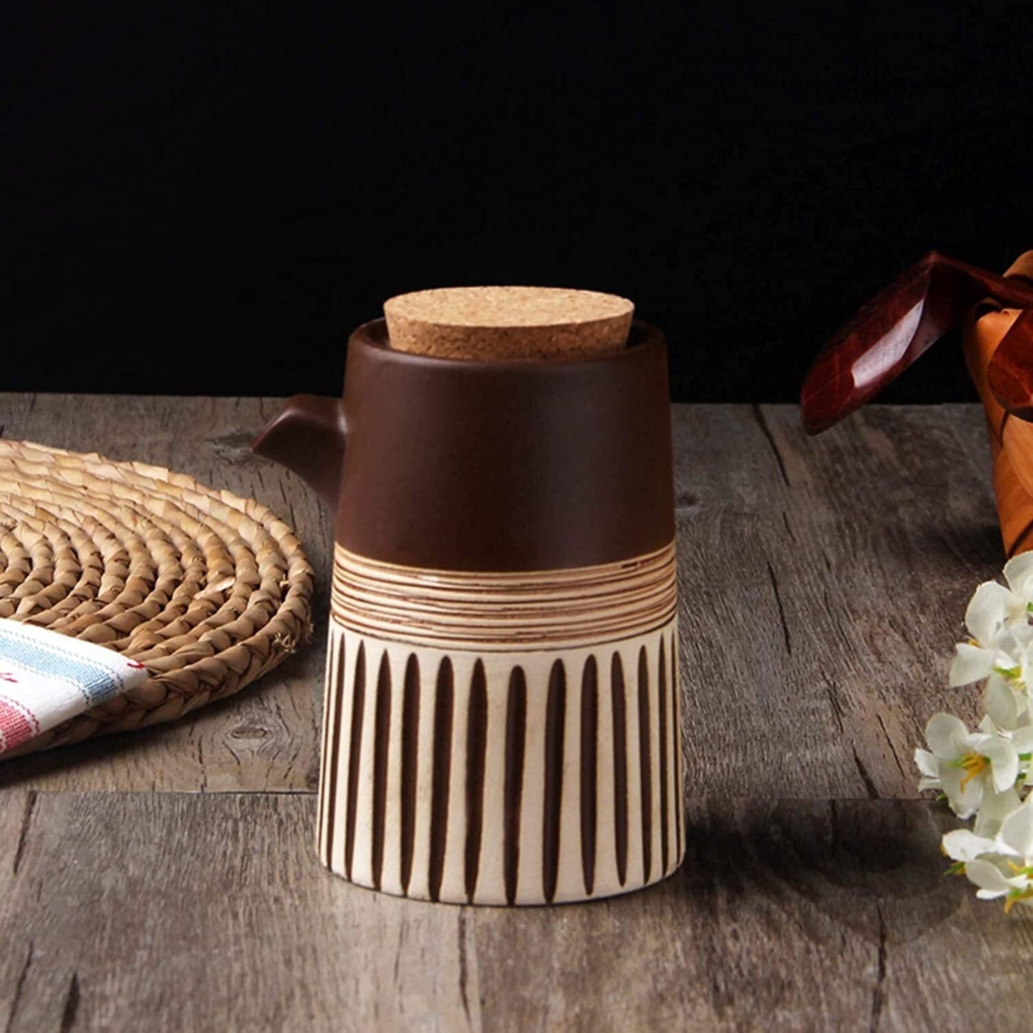 Premium 300ml Olive Oil Dispenser Bottle - Ceramic Oil and Vinegar Cruet with Pour Spout, Ideal for Kitchen, Dining Table & Restaurants - Soy Sauce Bottle, Salad Dressing Container (Brown)