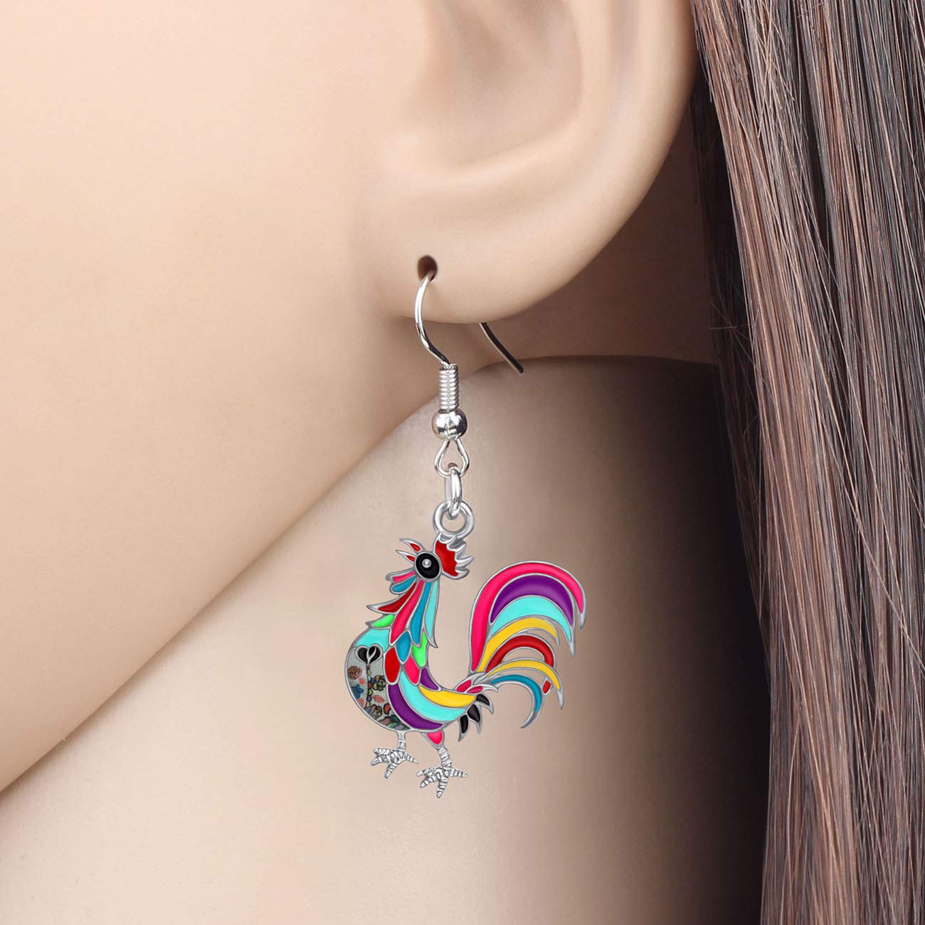 WEVENI Enamel Alloy Chicken Rooster Dangle Drop Earrings - Farm Animal Jewelry for Women - Perfect Gift for Country Lovers, Farmhouse Style Accessories for Everyday Wear or Special Occasions