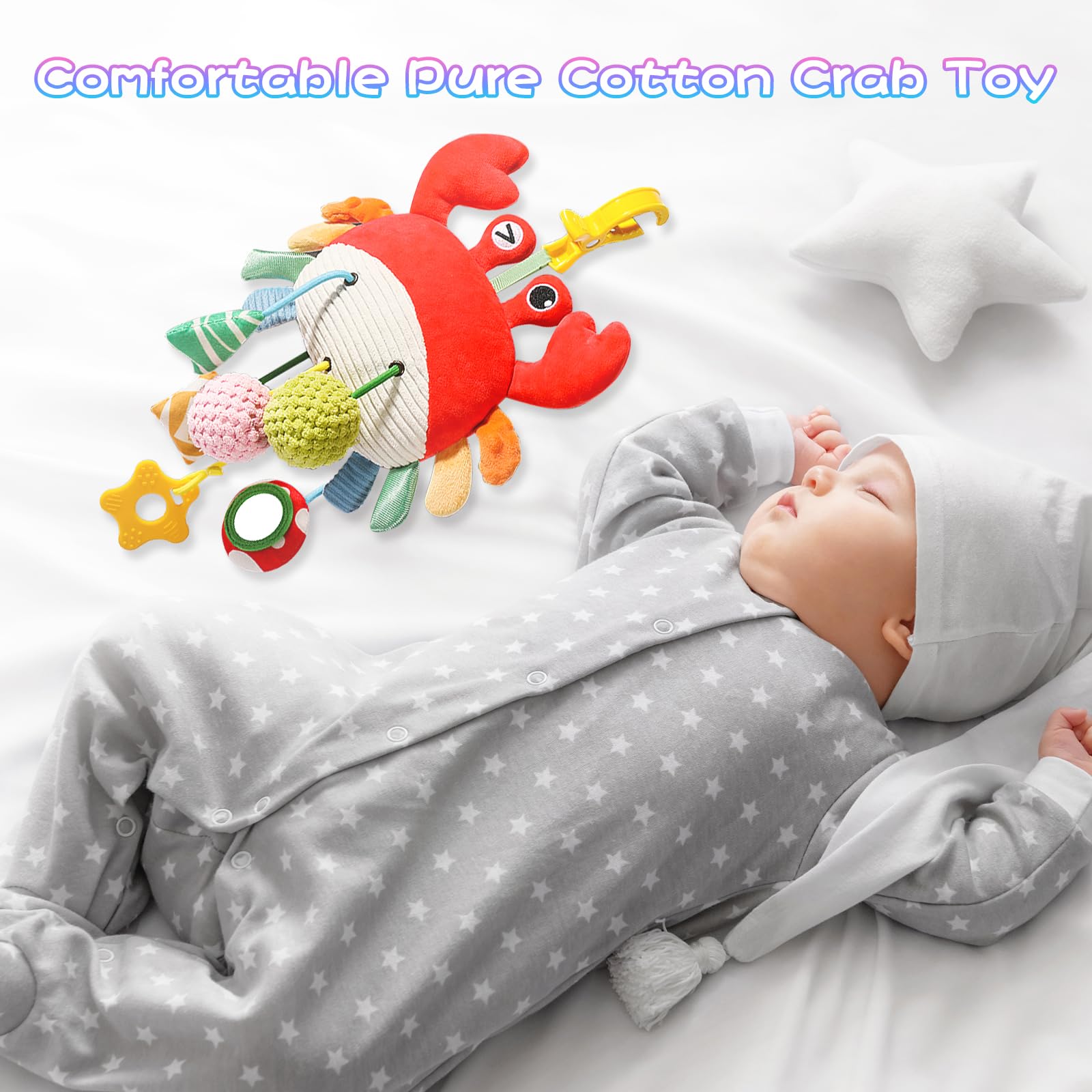 Best Baby Car Seat Toys for 0-6 Months - Soft Crab Stroller Toy with Clamp, Mirror, Rattle & Crinkle Sounds - Perfect Newborn Developmental Toys for 3-6 Months - Ideal Gift for Infants 0+ (Great for Strollers, Car Seats & Playtime)