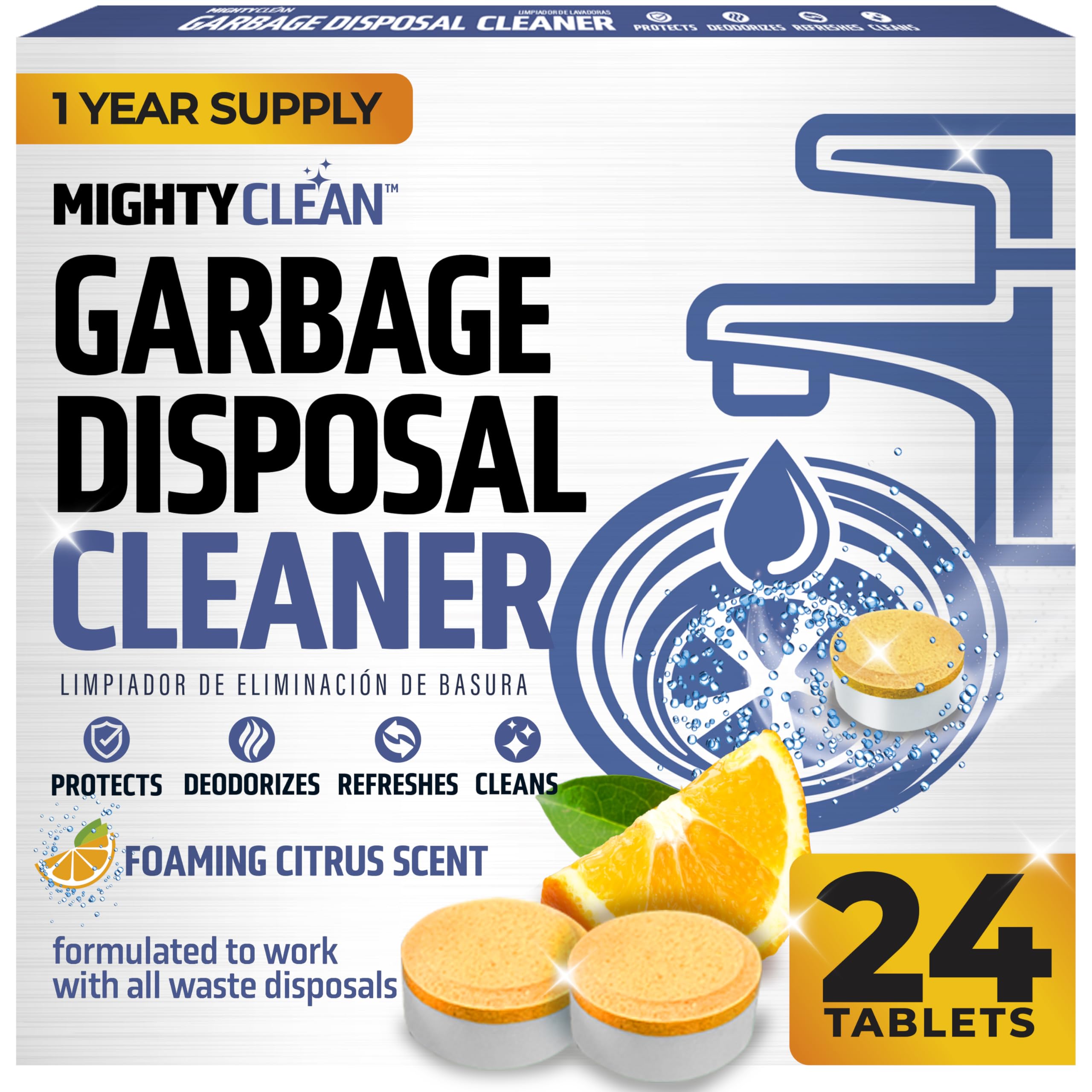 24 Pack Garbage Disposal Cleaner & Deodorizer Tablets - 1 Year Supply | Septic Safe Foaming Sink Cleaner | Lemon Scent for Odor Removal | Perfect for Kitchen Maintenance & Septic System Care