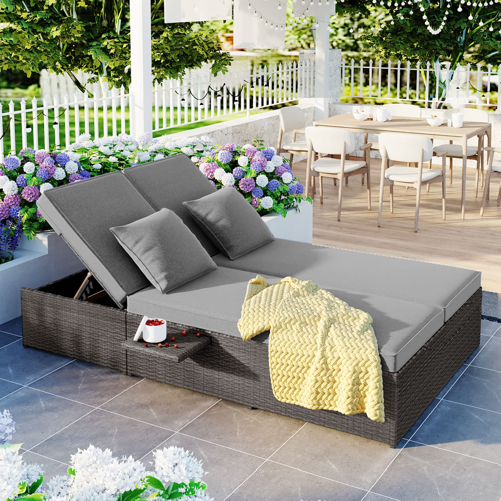 Outdoor PE Rattan Double Reclining Daybed with Adjustable Backrest & Cup Holder - All-Weather Patio Sun Lounger with Thick Cushions & Pillows for 2 People (Gray) - Perfect for Poolside Relaxation, Garden Lounging & Backyard Conversations