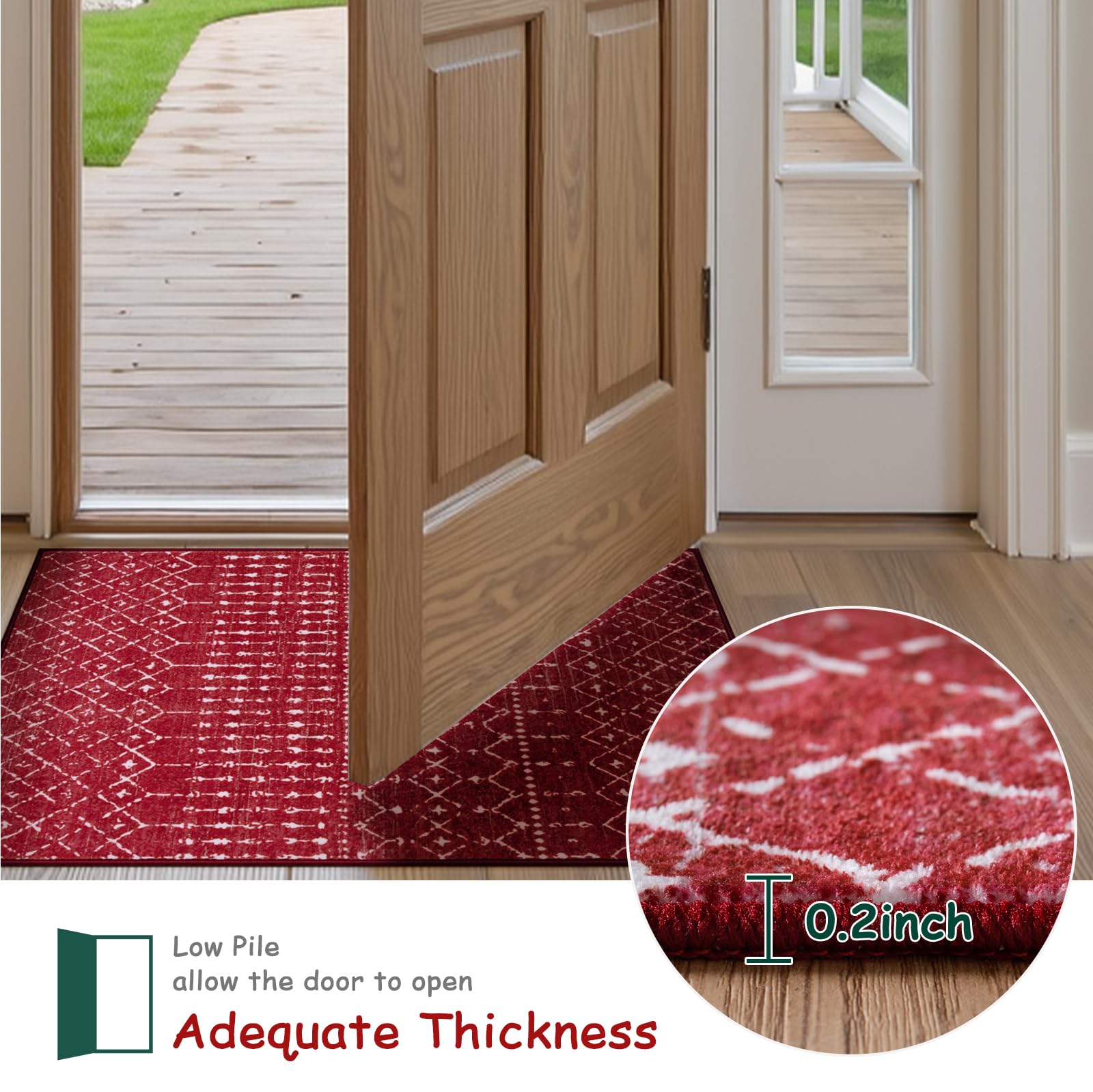 Beeiva Moroccan Christmas Entryway Rug 2x3 ft - Washable Non-Slip Rubber Backed Geometric Small Rug for Kitchen, Bathroom, Living Room - Soft Low-Pile Throw Rug in Red - Perfect for Holiday Decor & High Traffic Areas