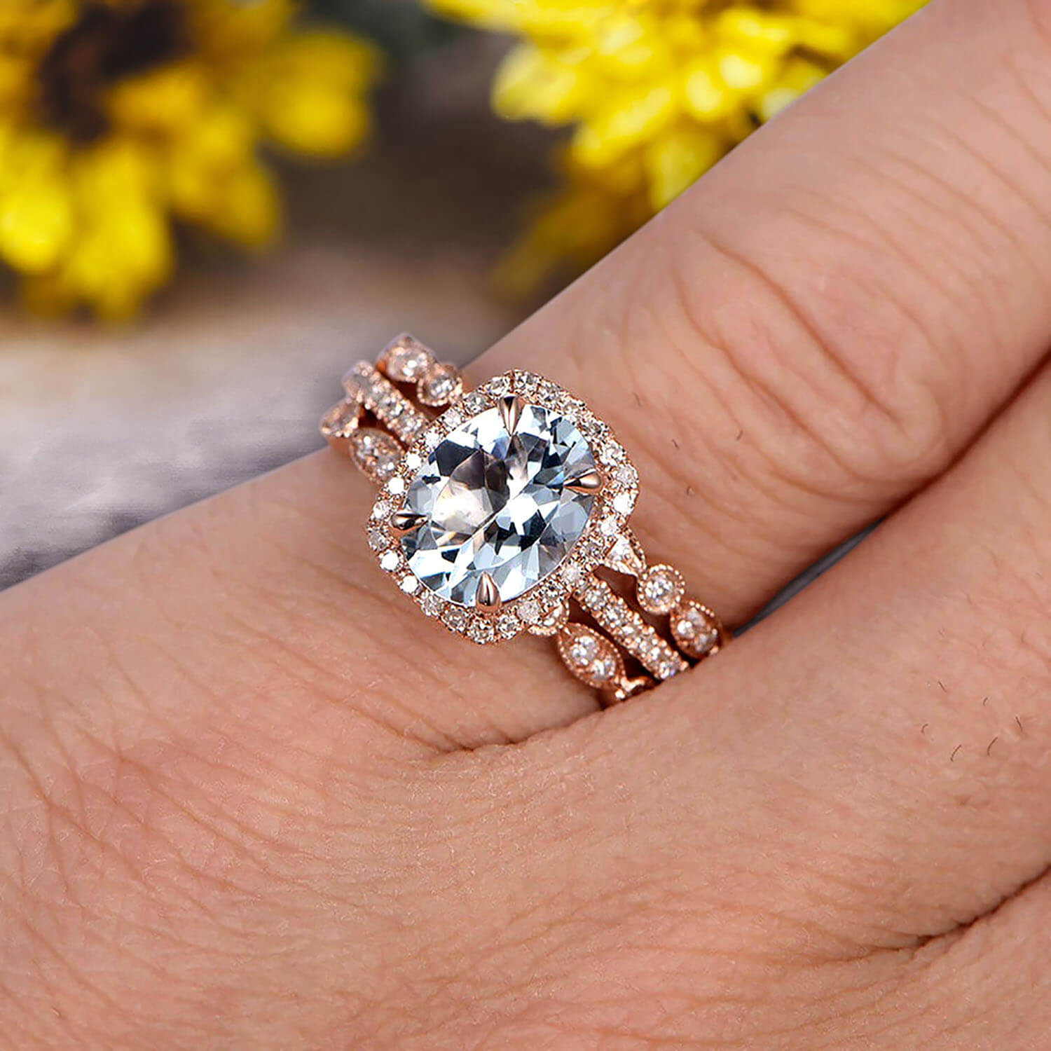 2 Carat Oval Cut Aquamarine & Moissanite Diamond Engagement Ring Set in 10k Rose Gold with Art Deco Vintage Matching Wedding Band - Perfect for Proposals, Anniversaries & Bridal Jewelry