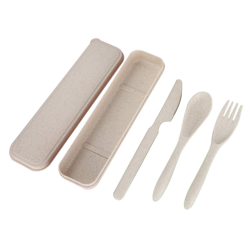 Eco-Friendly Wheat Straw Travel Utensil Set with Case - BPA Free Portable Cutlery Kit (Spoon, Fork, Knife) for Camping, Picnic, Office & Daily Use | Reusable Non-Toxic Tableware | Beige
