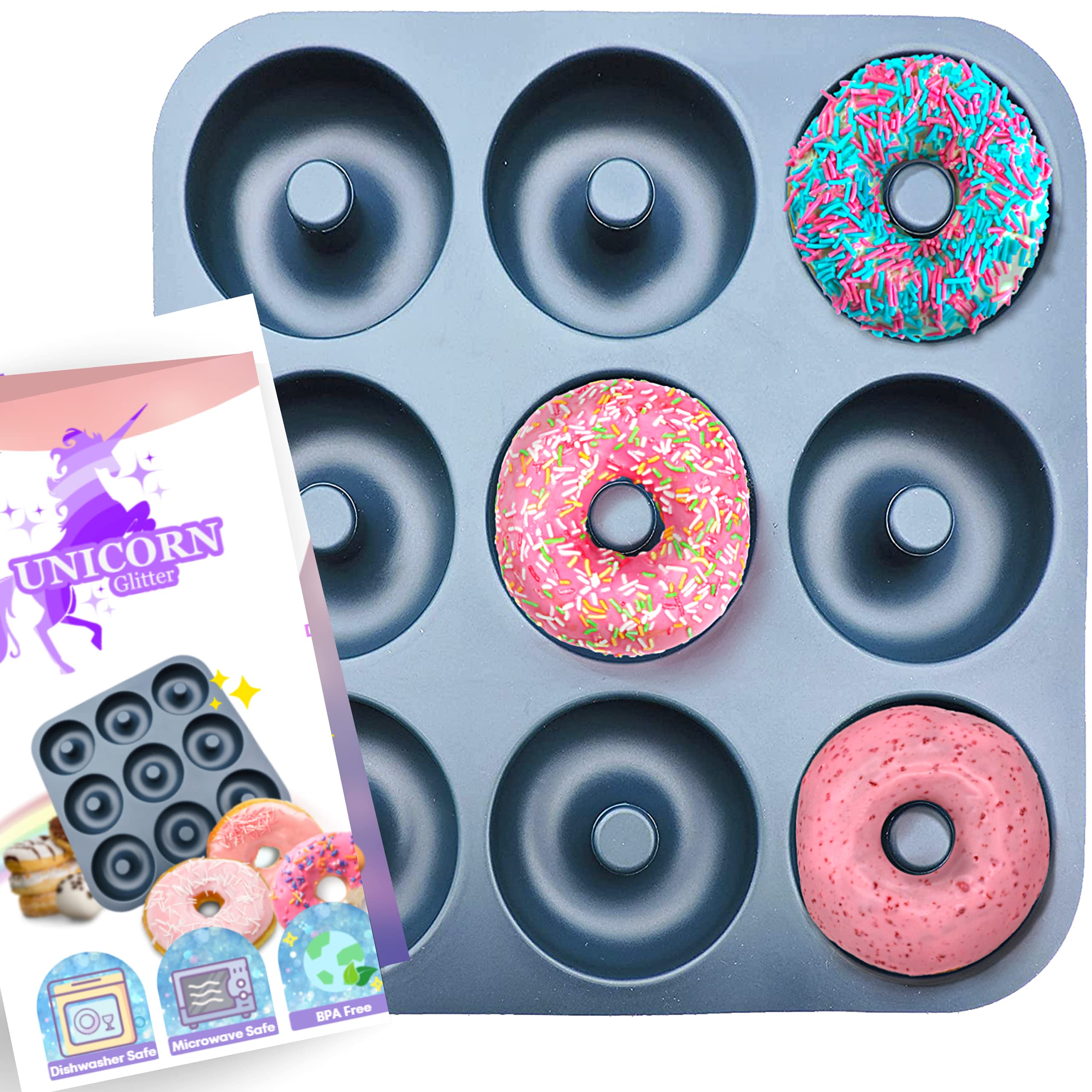 Non-Stick Silicone Donut Pan - 9-Cavity Large Donut Mold, LFGB Certified & Oven/Dishwasher/Freezer Safe - Perfect for Baking Homemade Donuts, Cupcakes & Muffins | Great for Parties, Breakfast & Desserts | by Unicorn Glitter LLC (Navy Blue)