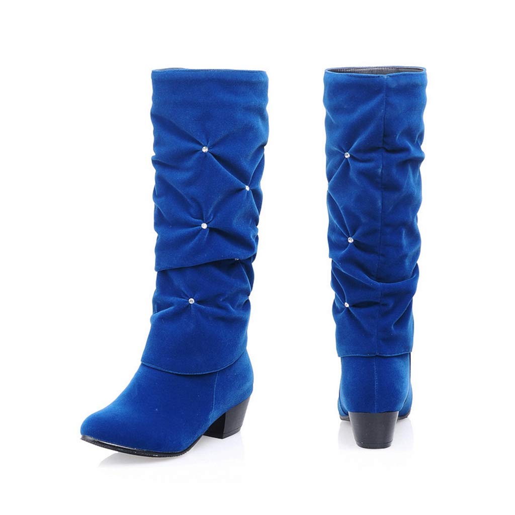 MIOKE Women's Rhinestone Round Toe Suede Riding Boots - Mid Calf Slouch Dress Boots with Low Heel for Comfort & Style | Perfect for Casual Outfits, Office Wear & Winter Fashion