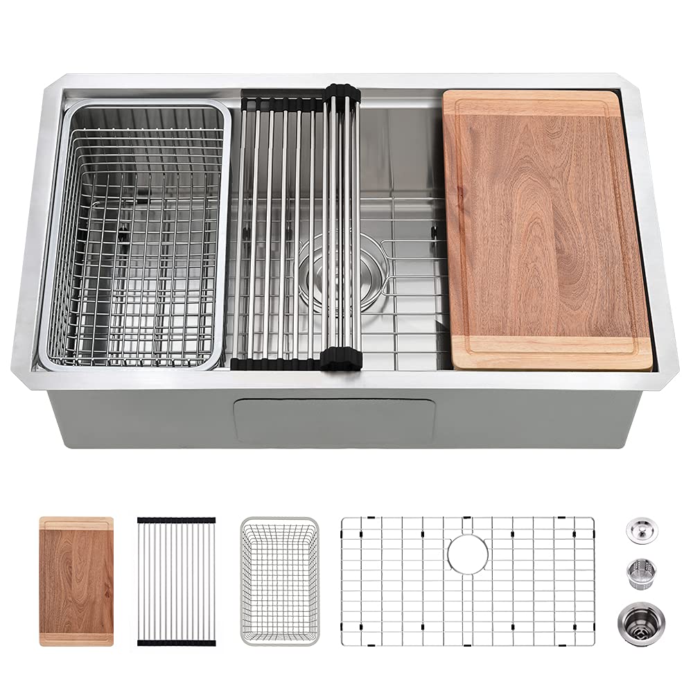 27x19 Inch Stainless Steel Undermount Kitchen Sink Workstation - 16 Gauge Deep Single Bowl with Cutting Board | Perfect for Meal Prep, Dishwashing & Modern Kitchen Renovations