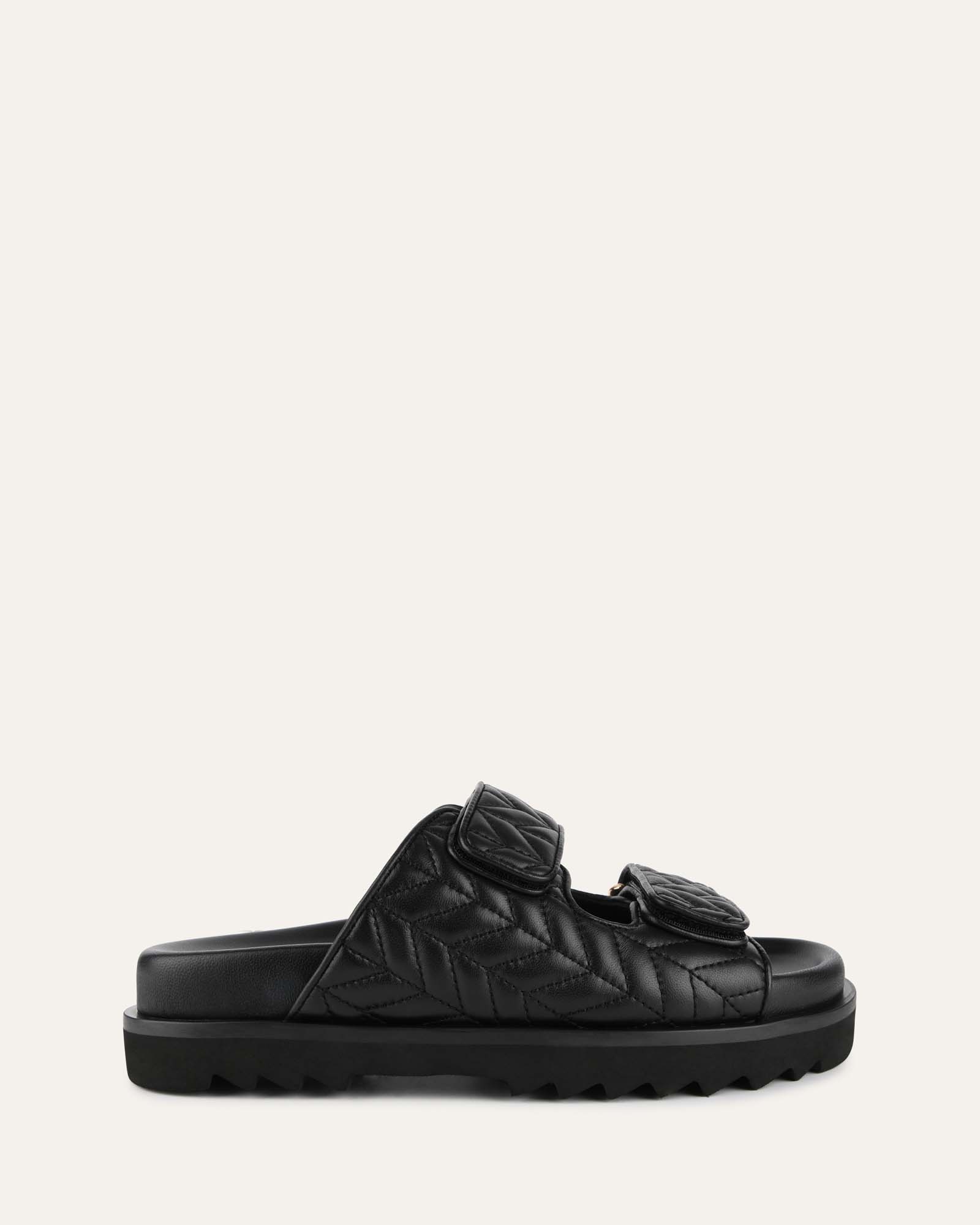 VERITY Women's Flat Sandals - Black Leather Comfortable Slip-On Casual Shoes for Summer, Beach, and Everyday Wear
