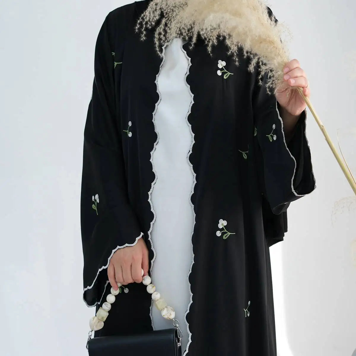 Elegant Floral Embroidered Open Front Abaya Dress for Women - Boho Chic Cardigan Cover Up - Perfect for Prayer, Mosque, and Special Occasions