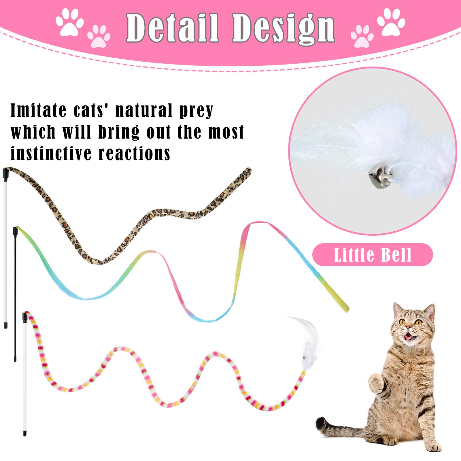 6-Piece Interactive Cat Wand Toys with Feather & Bell - Safe Teaser Catcher Stick for Kittens & Adult Cats - Colorful Sounding Training & Exercise Toys for Indoor Play & Christmas Gifts