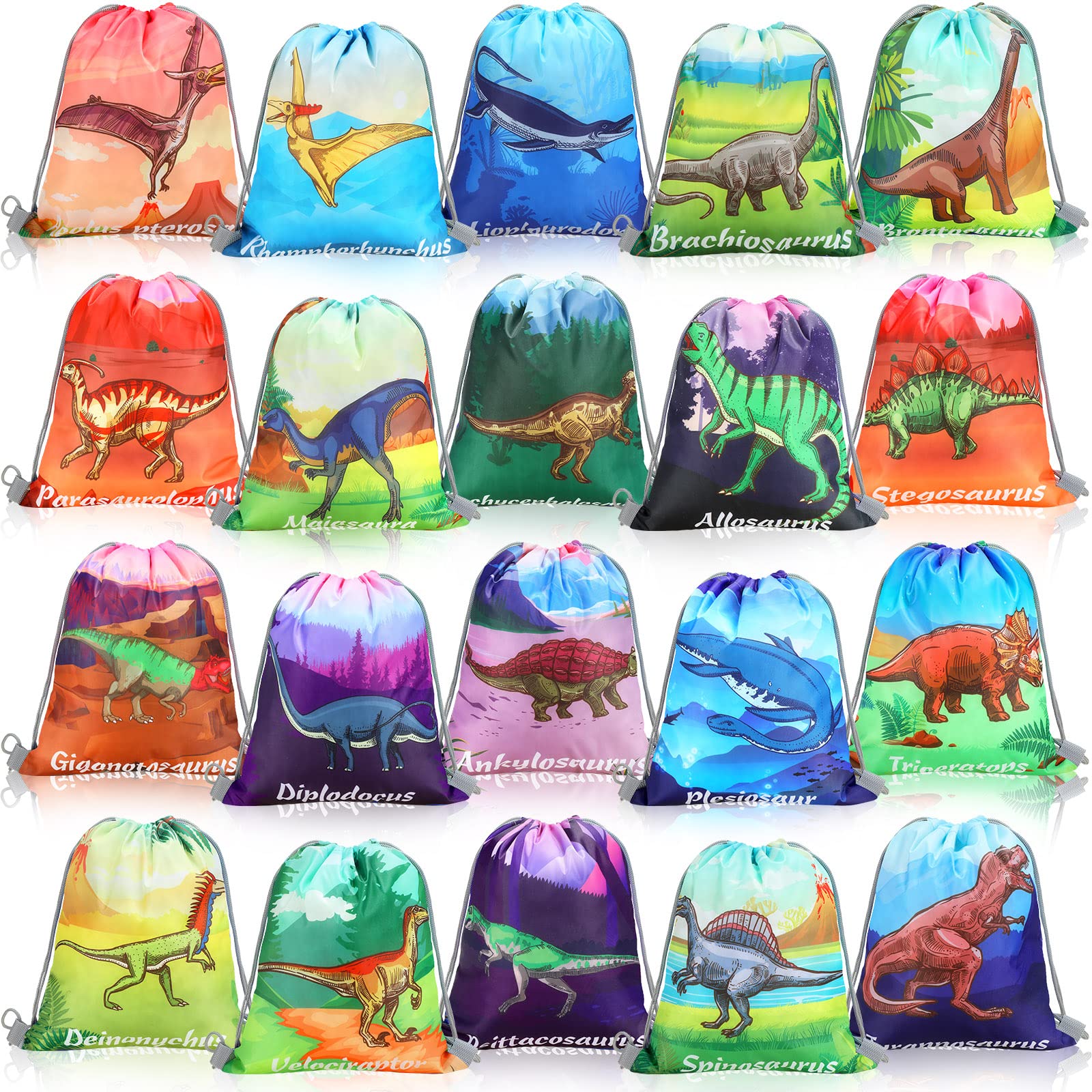 40 Pcs Dinosaur Drawstring Gift Bags - Dino Theme Party Favors for Birthday, Christmas & Kids Events - 20 Cute Dinosaur Designs - Perfect for Party Decorations, Goodie Bags & Classroom Rewards