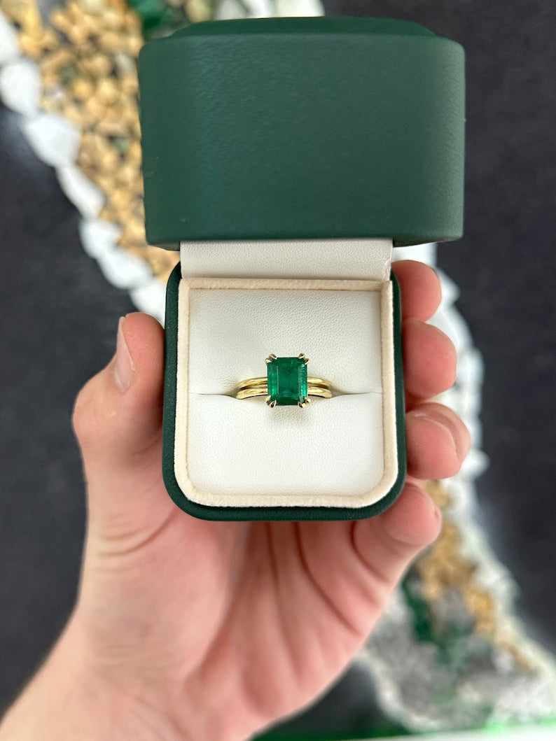 3.28ct 18K Gold Deep Dark Green Emerald Cut Solitaire Ring with 4 Double Prong Setting - Elegant Jewelry for Weddings, Engagements & Special Occasions