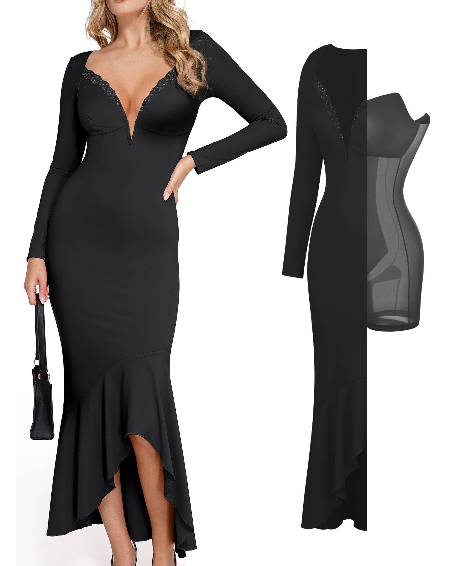 Popilush Women's Long Sleeve Cocktail Dress with Shapewear | Tummy Control Party Gown | Deep V Neck Lace Mermaid Maxi Dress for Evening Events, Weddings & Special Occasions