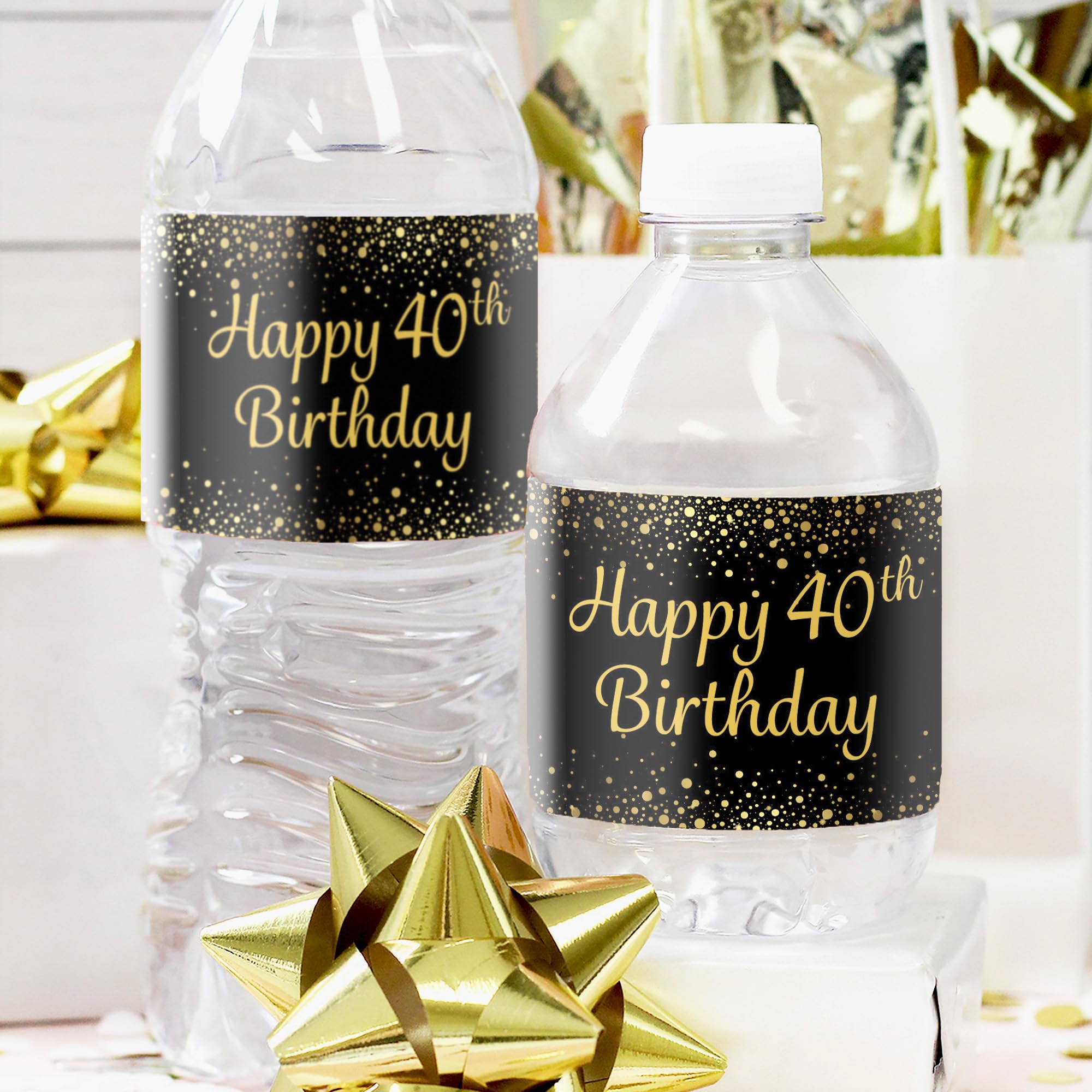 Black Gold 40th Birthday Water Bottle Labels - 24 Stickers for Party Decor