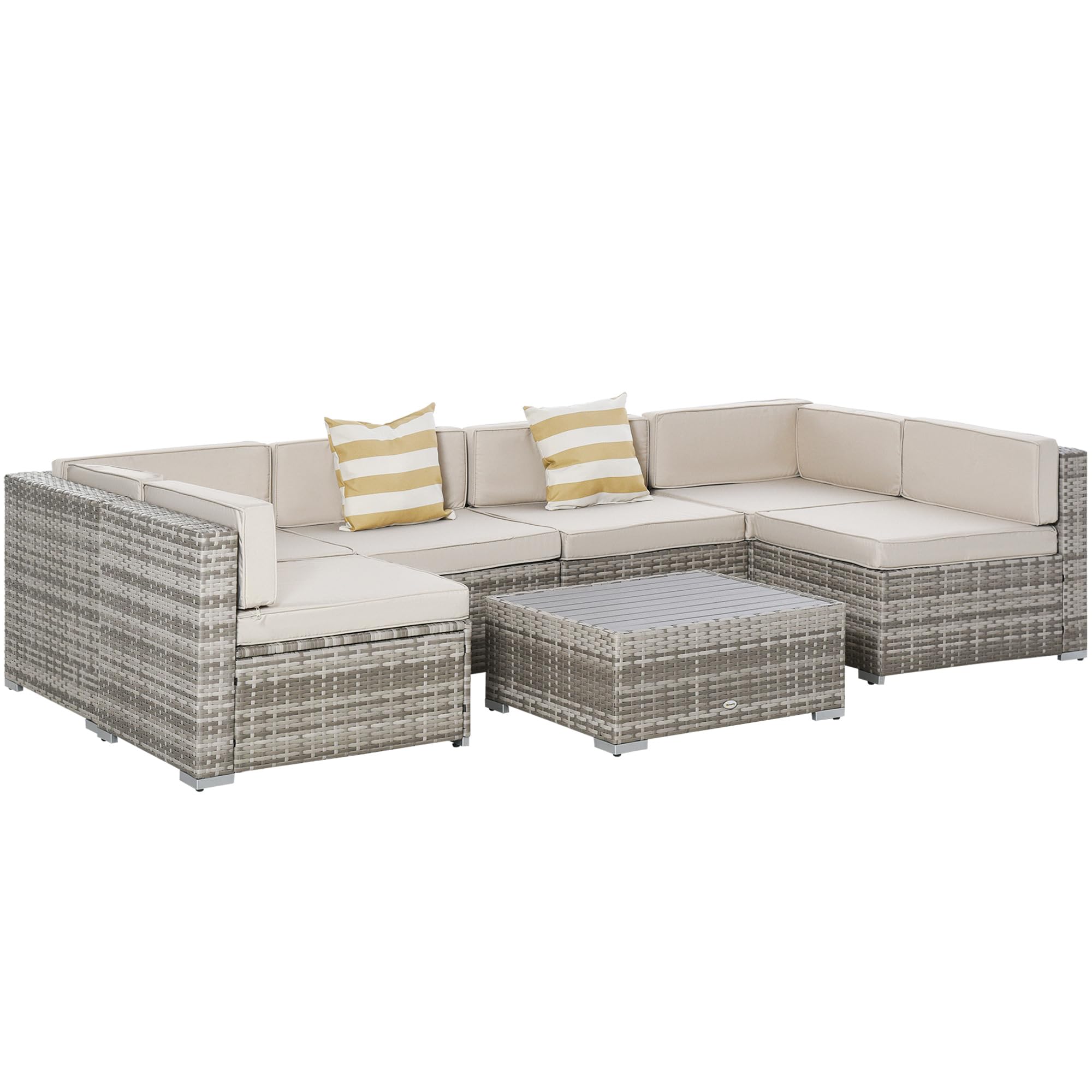 Outsunny 7-Piece All-Weather PE Rattan Patio Furniture Set, Outdoor Wicker Sectional Sofa with Cushions & Faux Wood Coffee Table - Beige Stripe Pillows - Perfect for Garden, Backyard, Poolside & Patio Relaxation