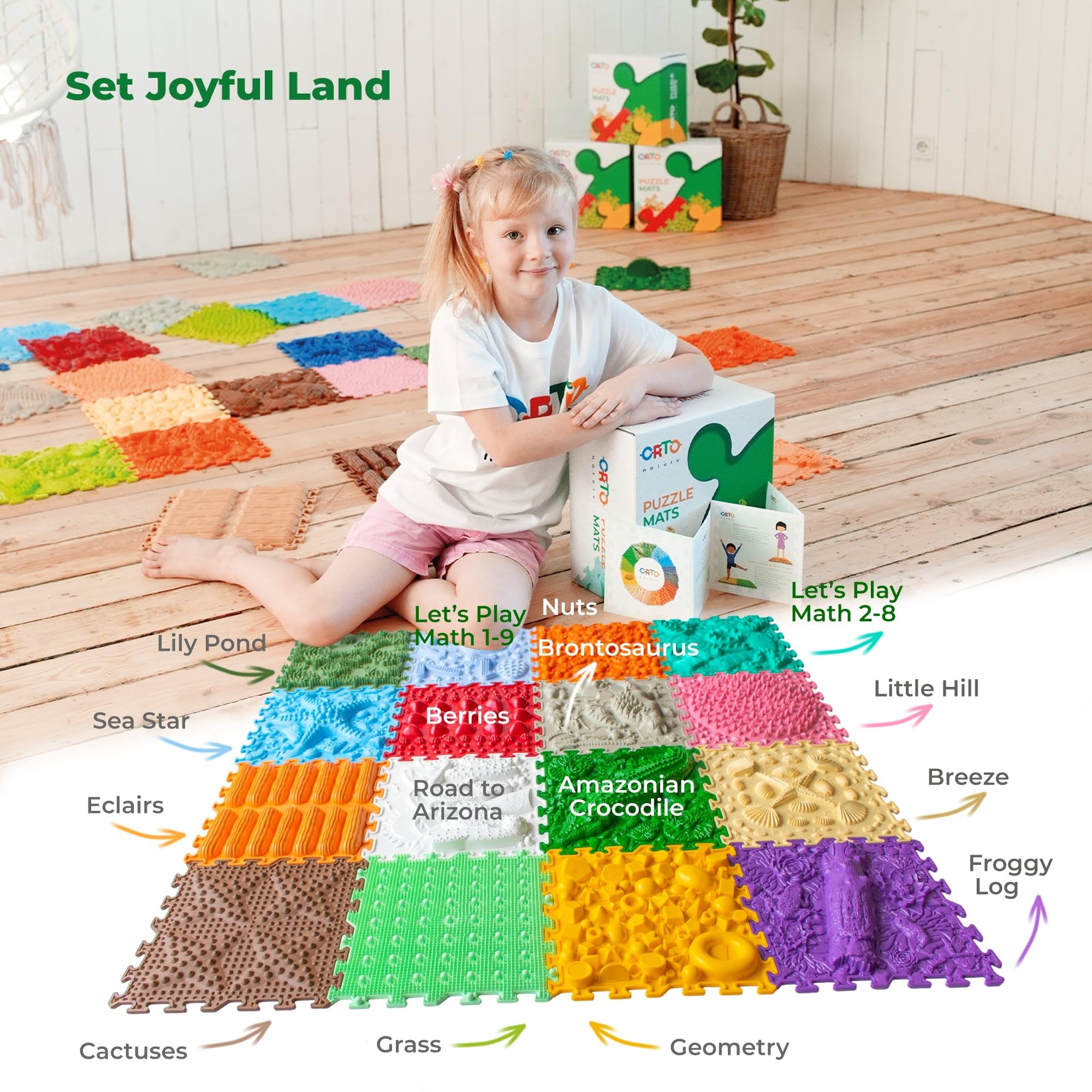 ORTO NATURE 16-Piece Sensory Puzzle Play Mat – Interlocking Orthopedic Floor Tiles & Textured Sensory Mats for Kids & Adults (Joyful Land) – Perfect for Playrooms, Therapy & Home Gym Flooring