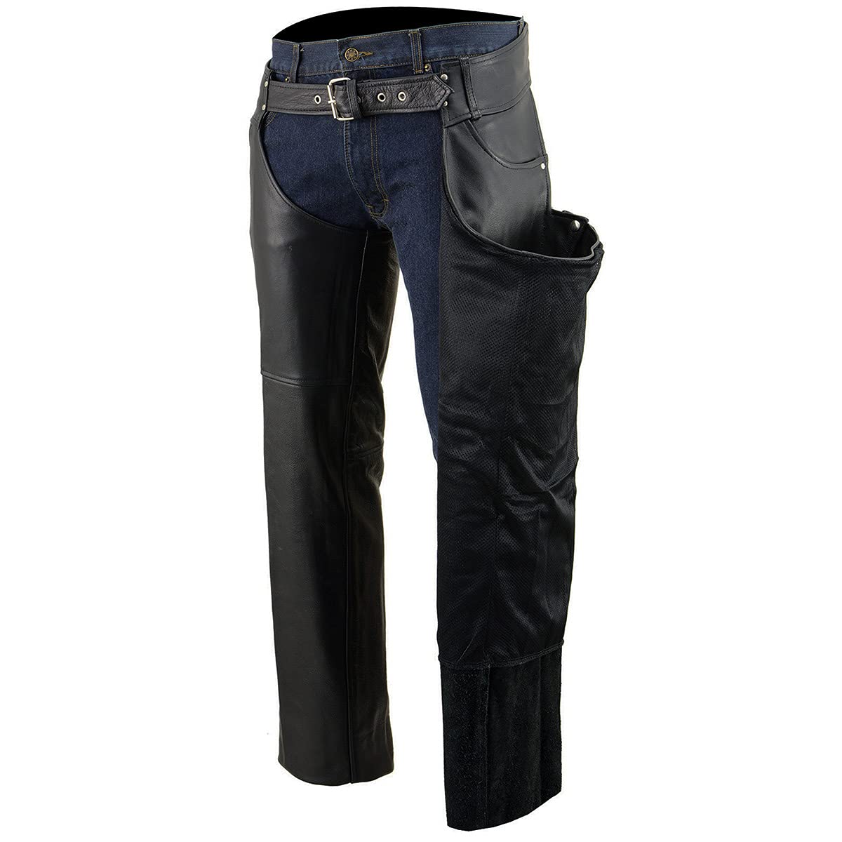 Premium Milwaukee Leather Chaps for Men - Black Motorcycle Riding Chaps with Classic Jean Style Pockets (SH1101) - Durable Leather Protection for Bikers & Riders - Perfect for Harley, Cruiser & Adventure Motorcycles