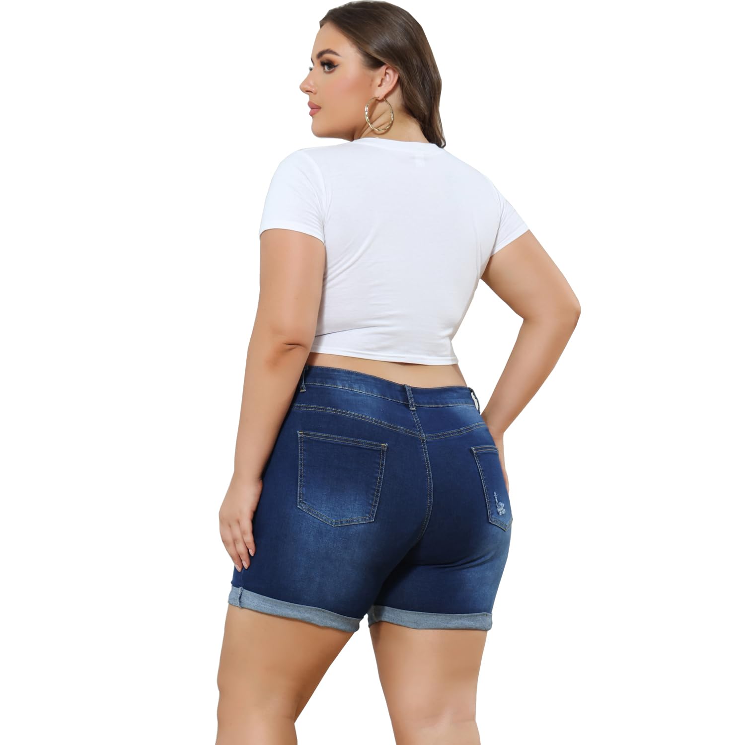 Plus Size Women's Ripped Denim Jean Shorts - High Waisted Stretchy Folded Hem Denim Shorts for Summer | Casual Outfit, Beach Wear, Street Style Fashion