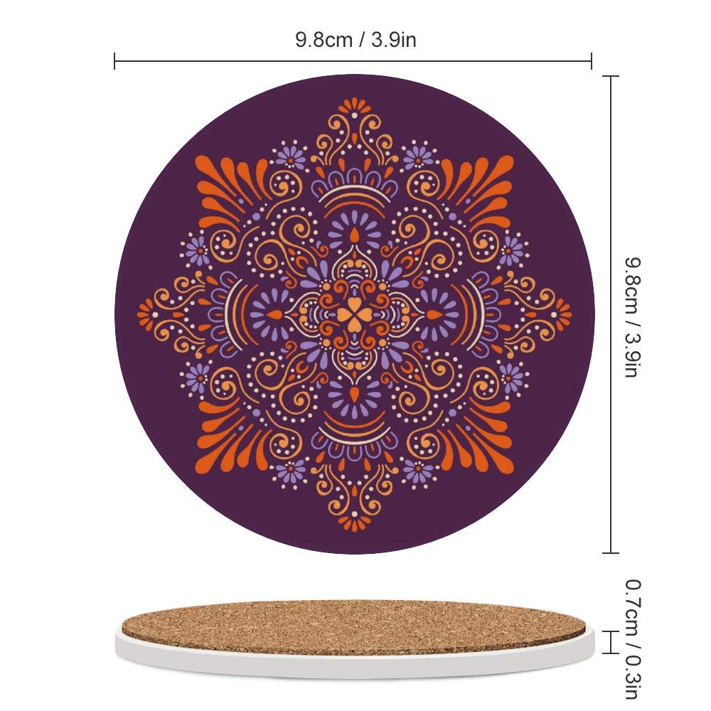 Absorbent Ceramic Coasters with Exotic Ethnic Purple Pattern - Set of 2 Round Drink Coasters with Cork Base for Coffee Cups & Glasses | Perfect for Bar, Farmhouse & Home Decor