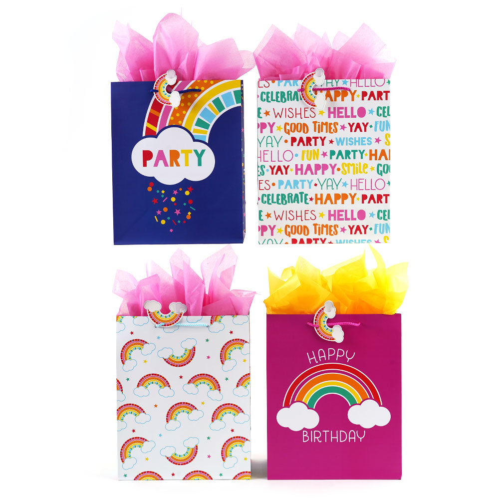Vibrant Colorblock Rainbow Printed Party Bags - 4 Stylish Designs for Birthday Celebrations, Festive Events & Gift Giving