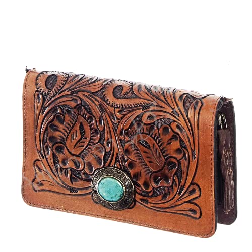 American Darling Large Crossbody Hand Carved Leather Fringe Purse for Women - Western Handbag with Removable Leather Strap (Biblia-Turquoise) | Perfect for Cowgirl Style, Music Festivals & Boho Fashion