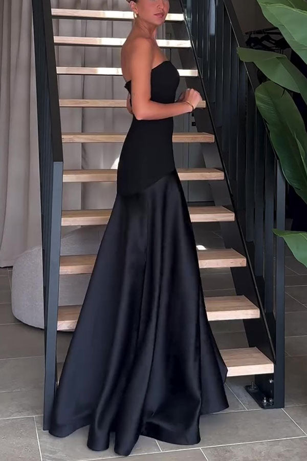 Timeless Elegance Satin Patchwork Strapless Flare Gown Maxi Dress for Women | Formal Evening Gown for Prom, Wedding, Red Carpet Events