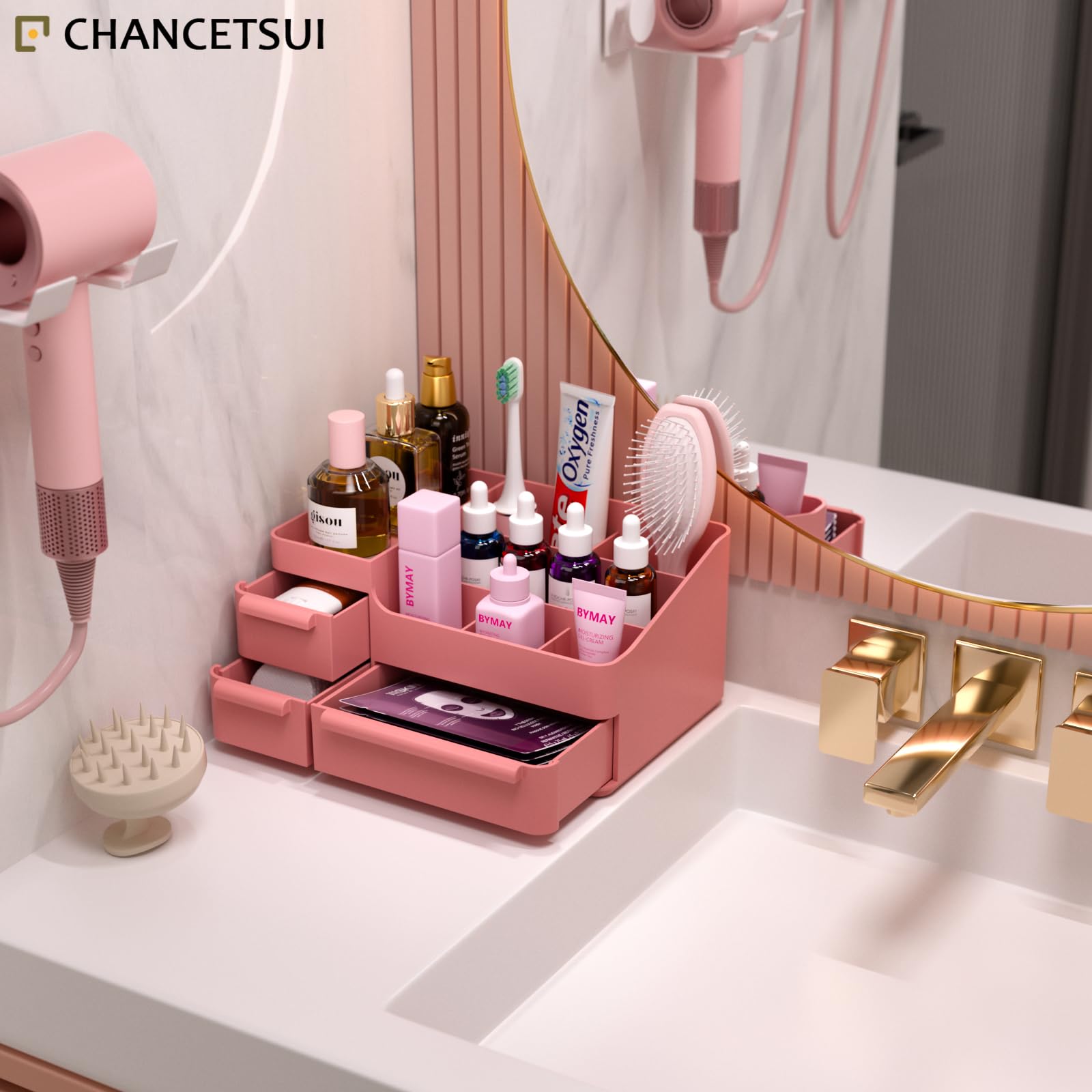 Pink Vanity Makeup Organizer with Drawers - Compact Rectangular Beauty Storage for Brushes, Eyeshadow Palettes & Cosmetics | Perfect for Bedroom Vanity & Bathroom Countertop Organization