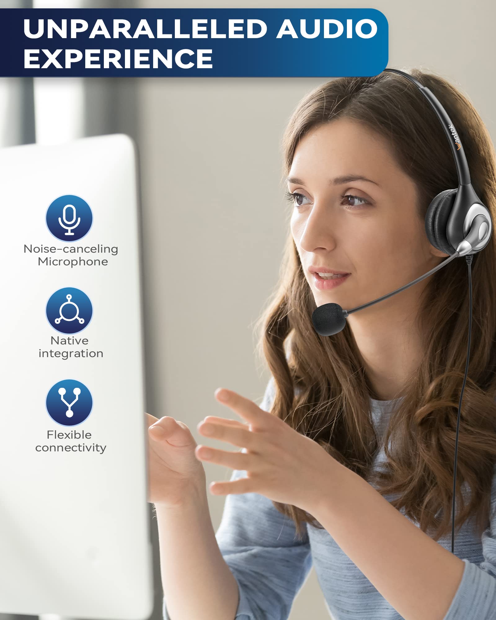 Wantek USB Headset with Noise-Canceling Microphone for PC - Wired Computer Headphones with In-Line Volume Control & Mute Button - Perfect for Zoom Meetings, Skype Calls, Webinars & Home Office Work