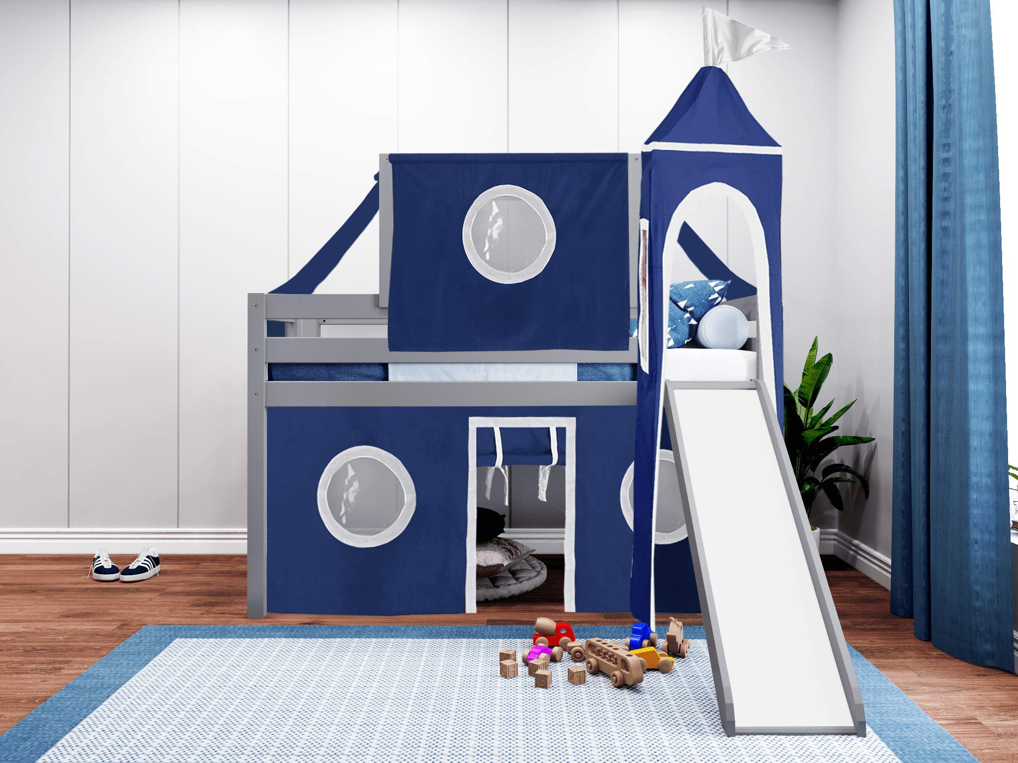 JACKPOT! Twin Size Gray Castle Low Loft Bed with Slide - Blue & White Play Tent & Tower for Kids | Perfect for Bedrooms, Playrooms & Imaginative Play